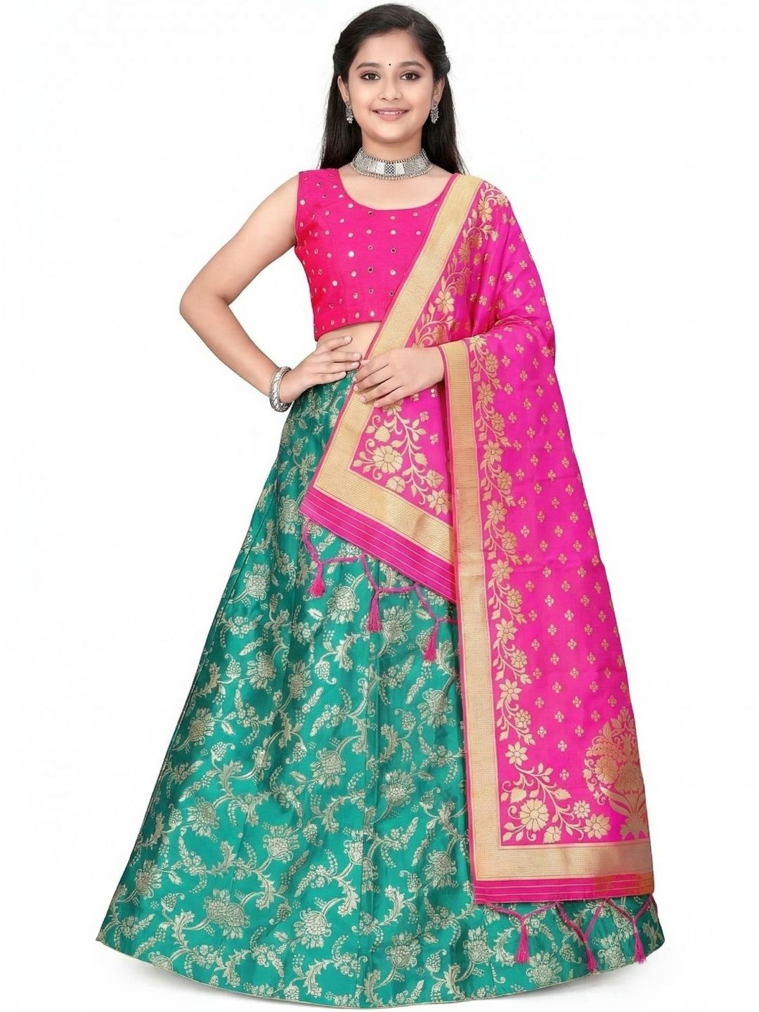 SHAVIDR ENTERPRISE Girls Mirror Work Block Print Semi-Stitched Lehenga & Blouse