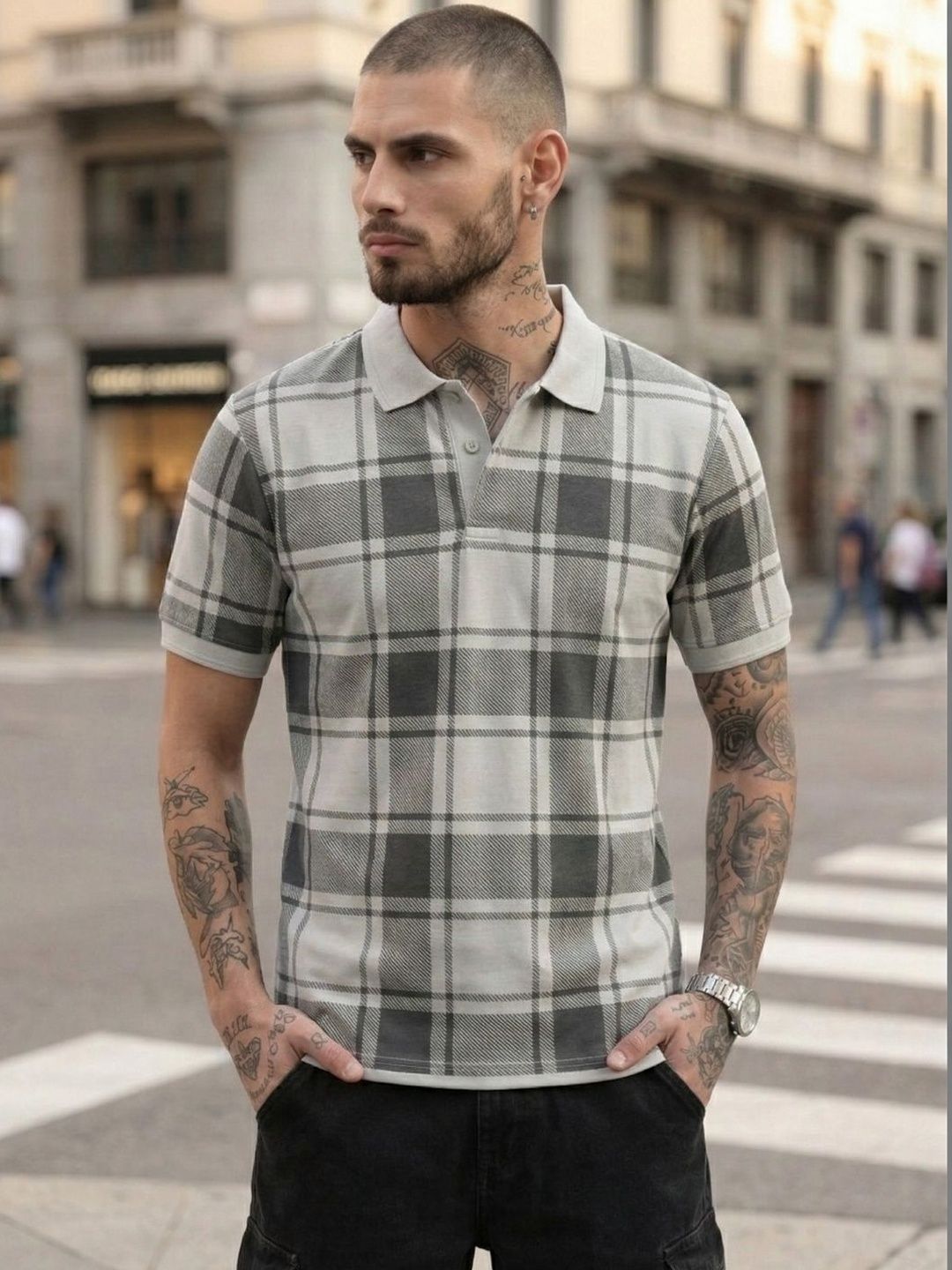SZN Grey Checked Polo Collar T-shirt