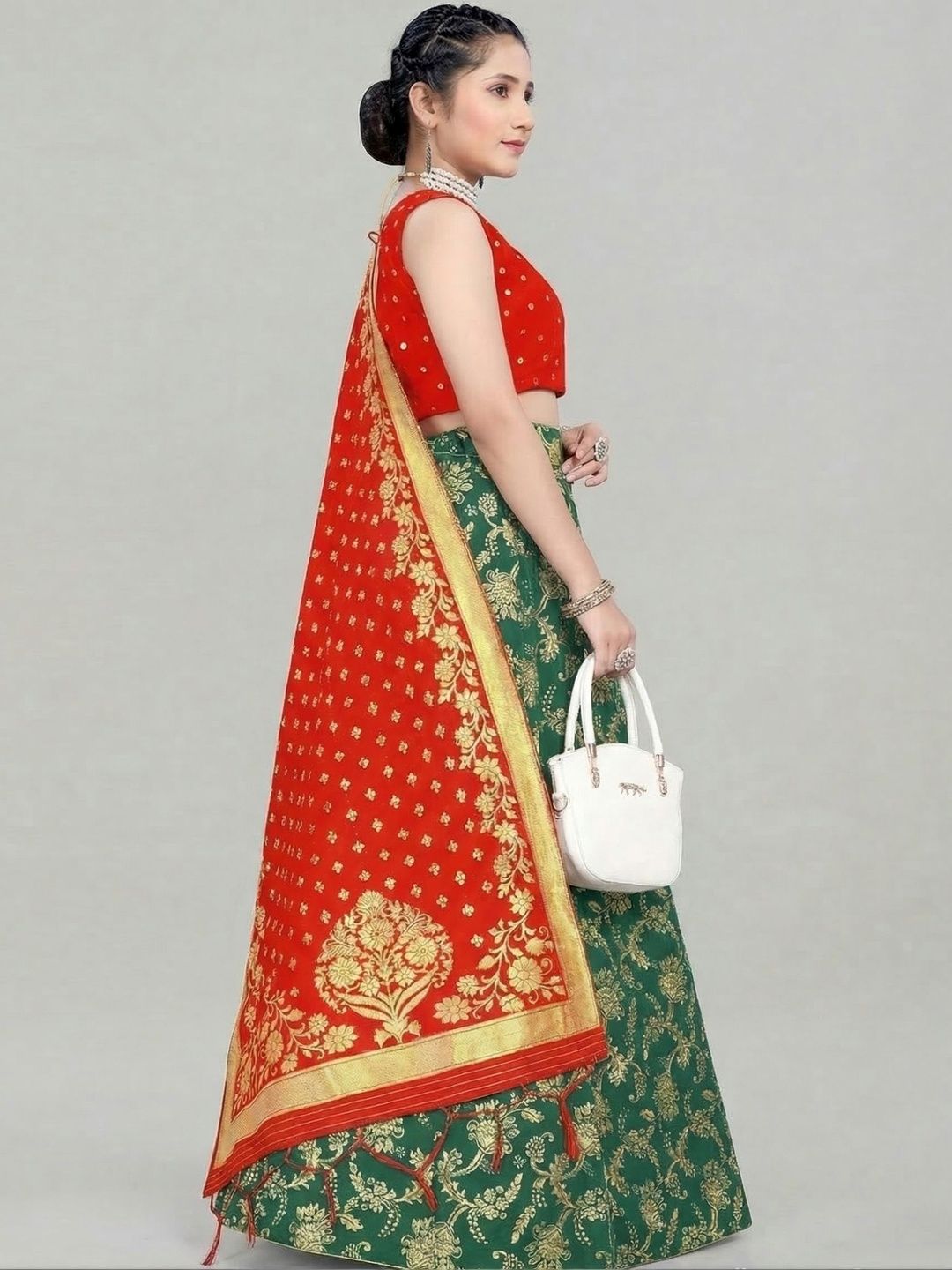 SHAVIDR ENTERPRISE Girls Mirror Work Block Print Semi-Stitched Lehenga & Blouse With Dupatta