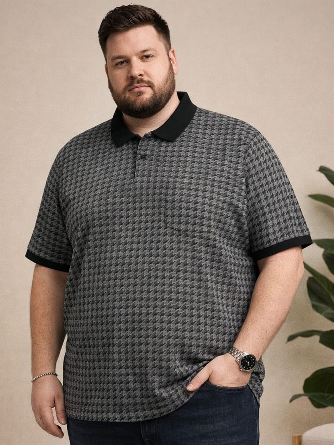 AUSTIVO Men Dark Grey Check Pocket Tshirts