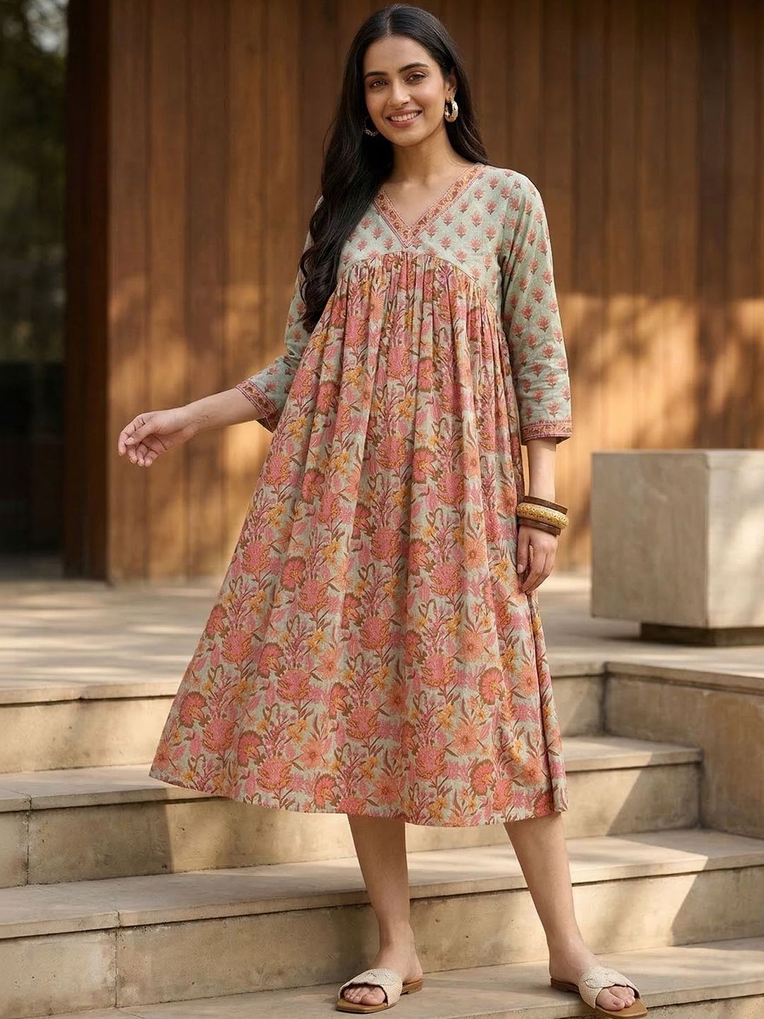 PinkTribe PinkTribe Floral Print A-Line Midi Dress