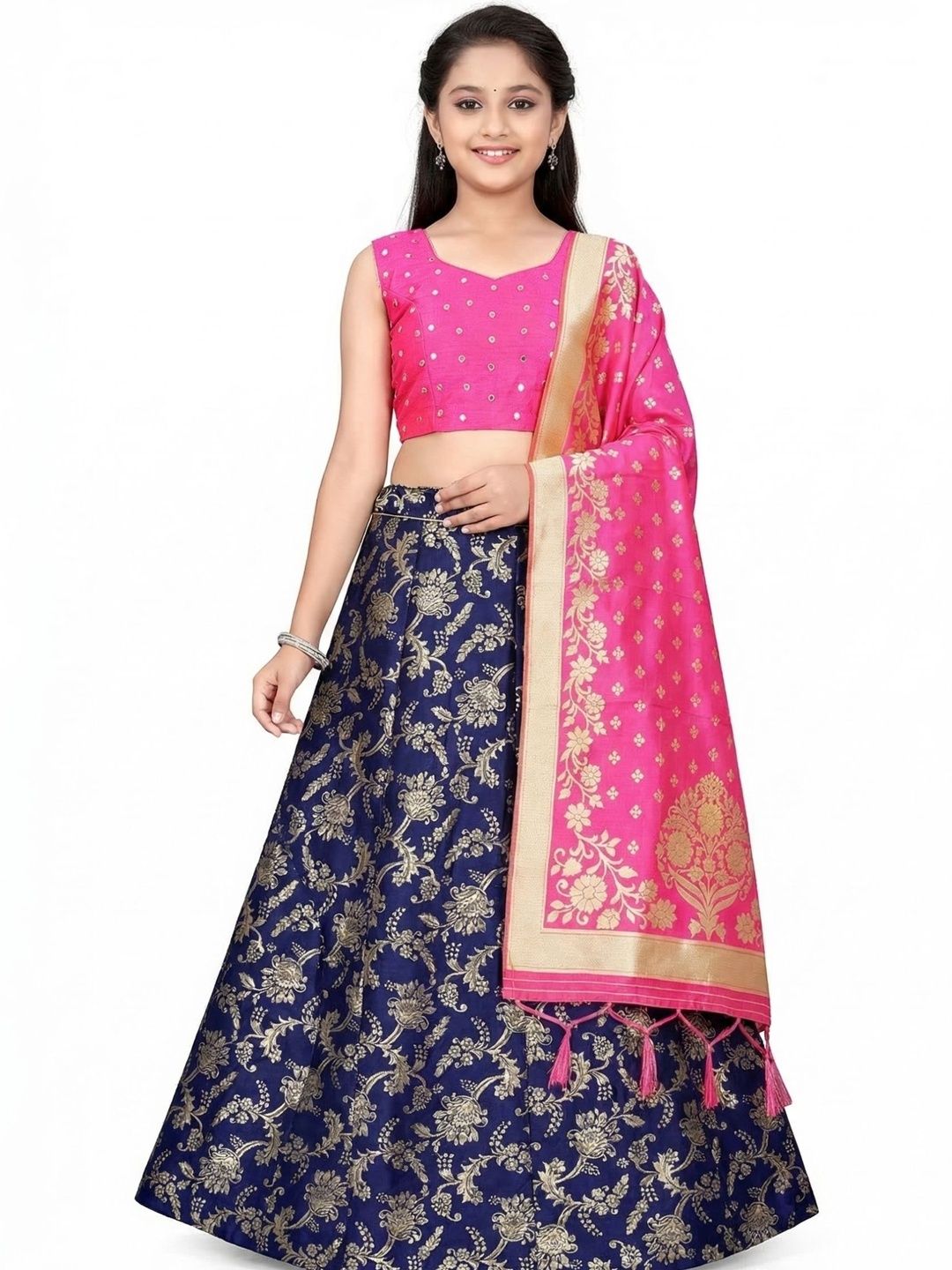 SHAVIDR ENTERPRISE Girls Mirror Work Block Print Semi-Stitched Lehenga & Blouse