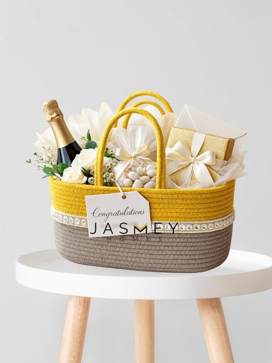 JASMEY HOMES Yellow & Grey Textured Cotton Hamper Basket Storage Sets Family