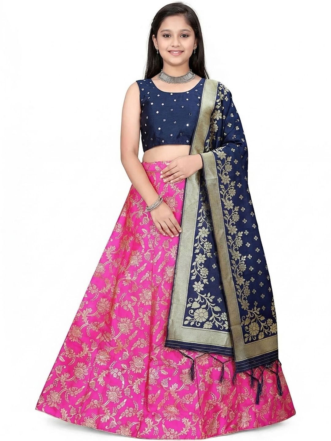 SHAVIDR ENTERPRISE Girls Mirror Work Block Print Semi-Stitched Lehenga & Blouse