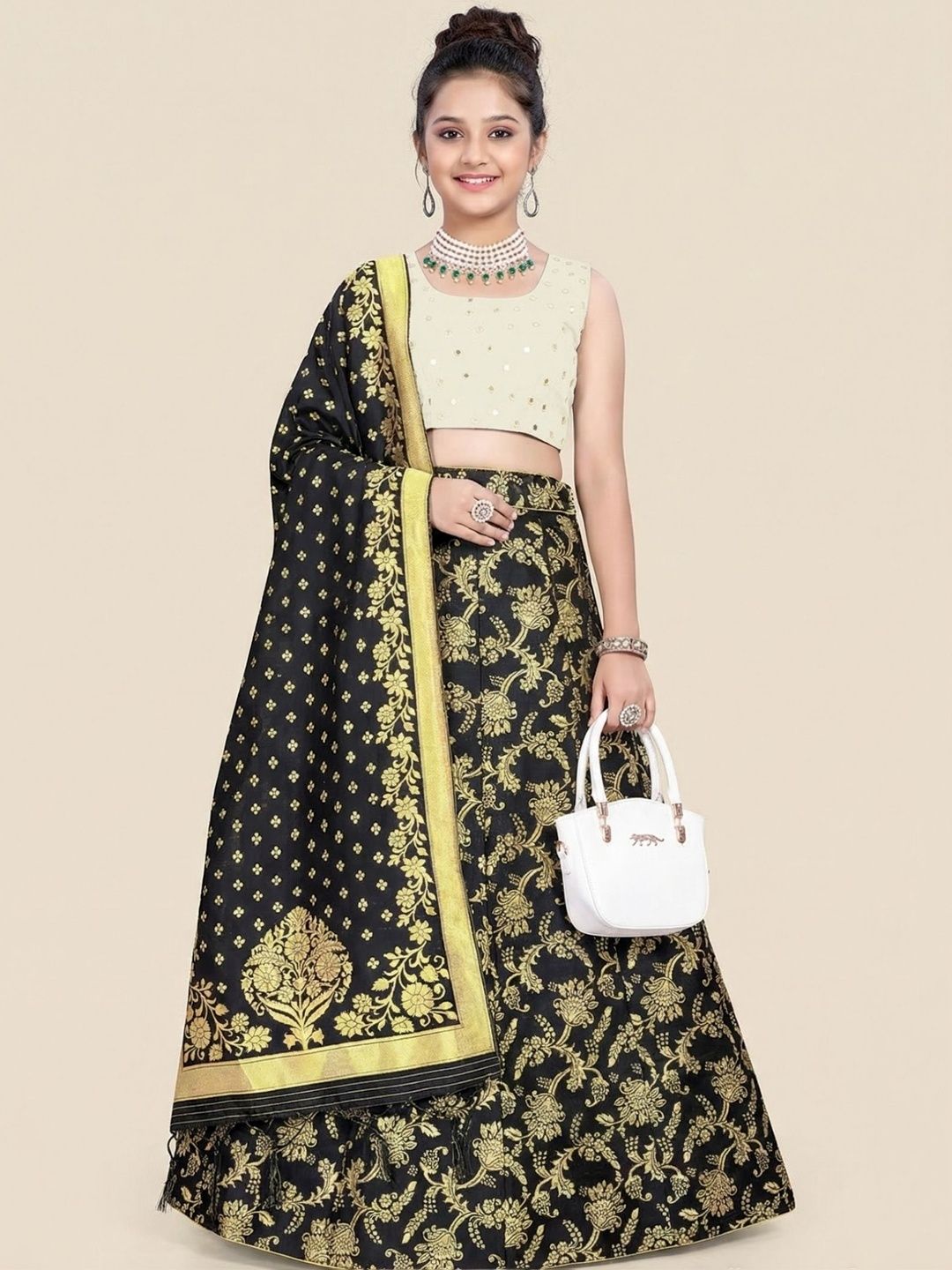 SHAVIDR ENTERPRISE Girls Mirror Work Block Print Semi-Stitched Lehenga & Blouse With Dupatta