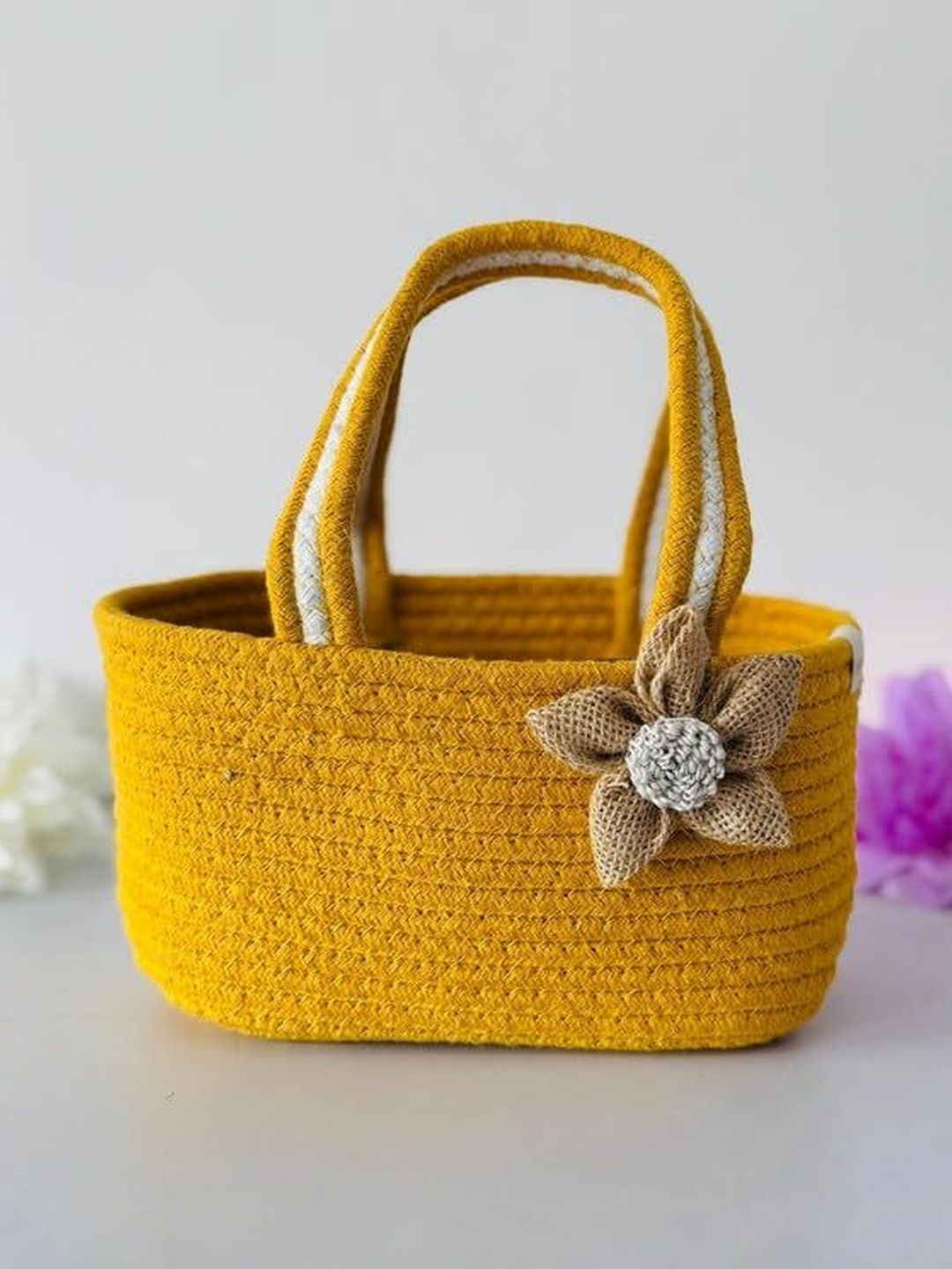 JASMEY HOMES 2Pcs Yellow & Beige Textured Cotton Hamper Basket Storage Sets For Family