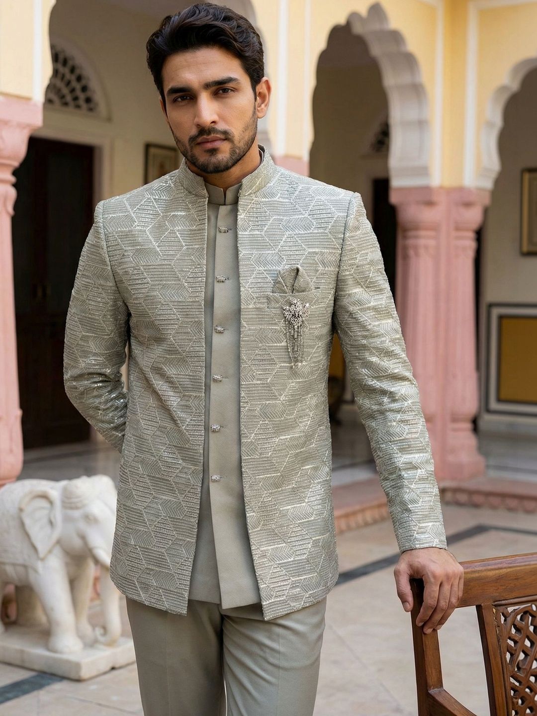 Jompers Embroidered Mandarin Collar Sherwani