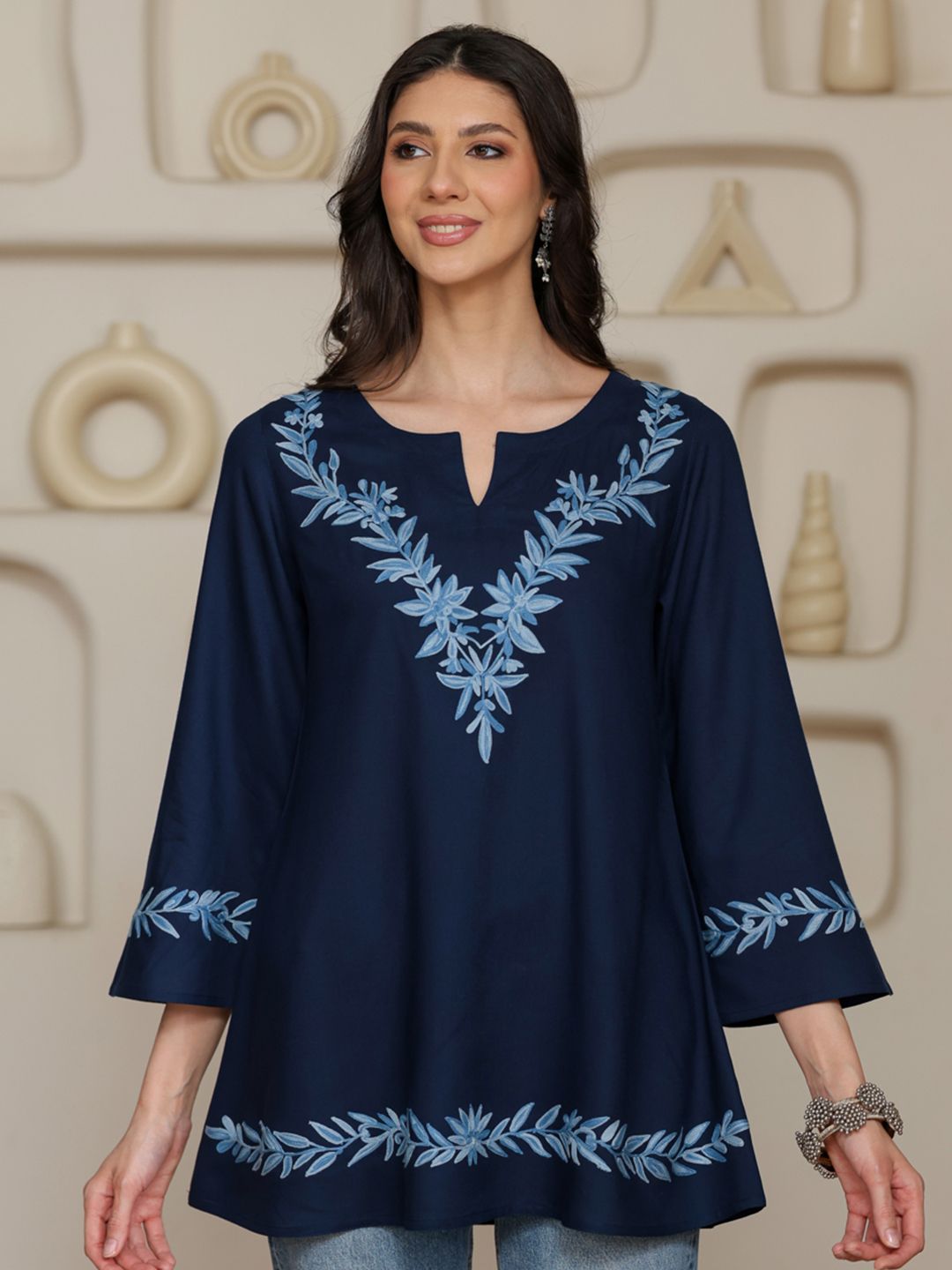 QAZMI Women Kashmiri Aari Embroidered A-Line Short Kurti with Bell Sleeves
