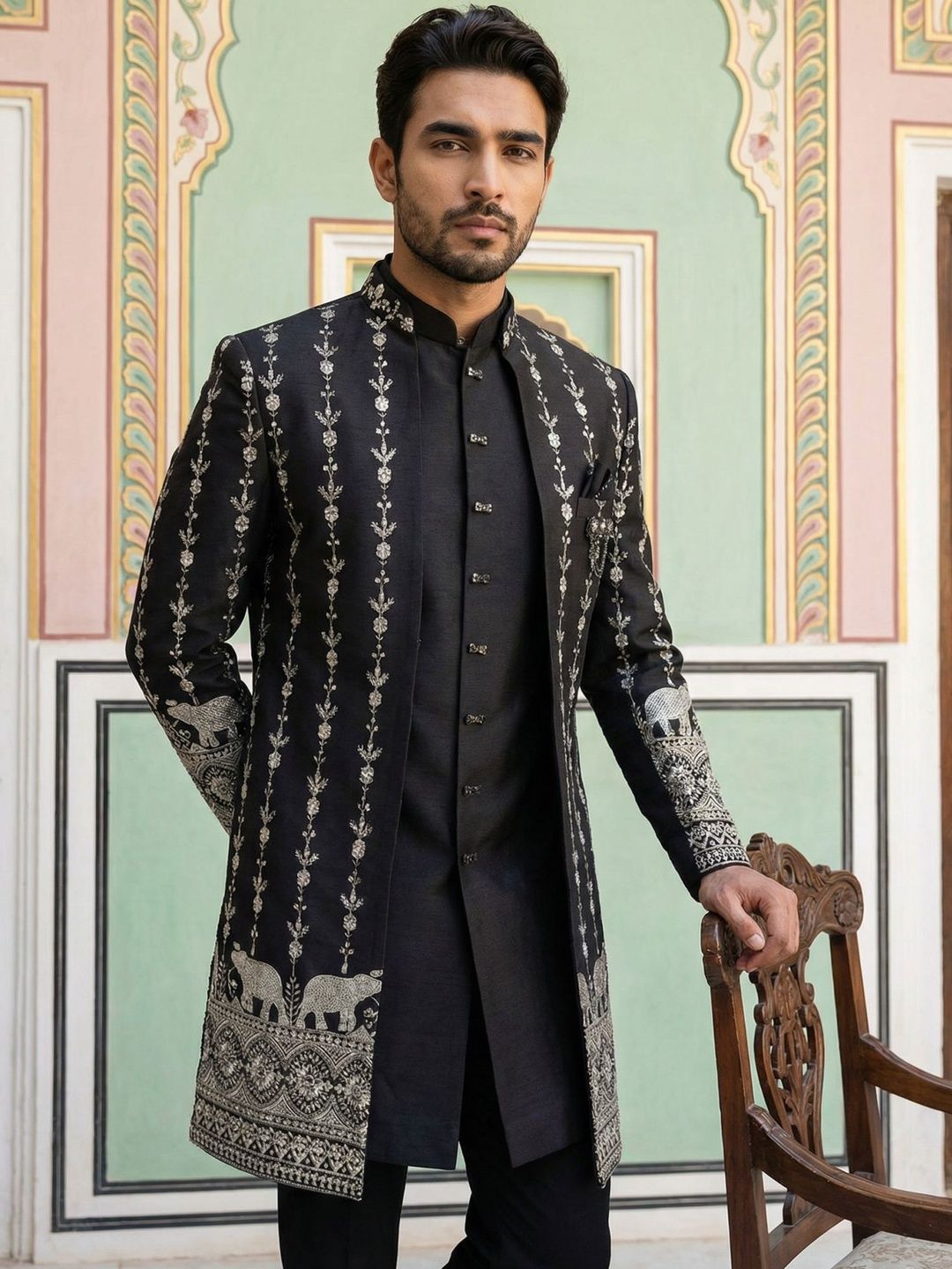 Jompers Embroidered Mandarin Collar Sherwani