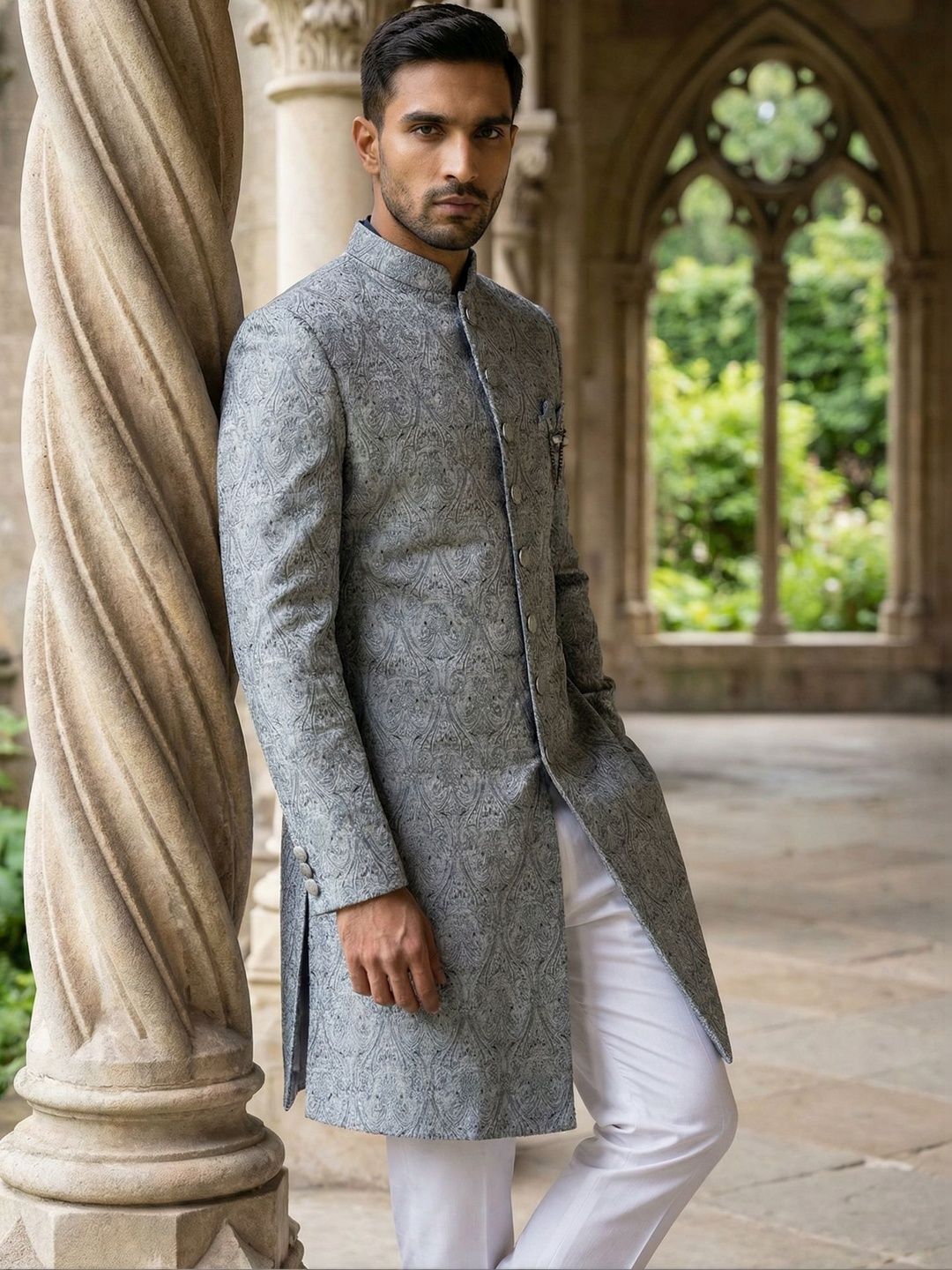 Jompers Self Design Mandarin Collar Sherwani