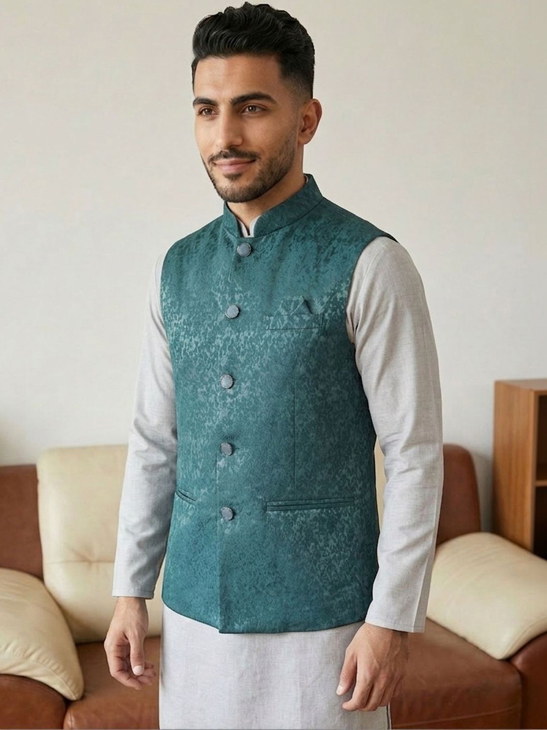 HERE&NOW Self-Design Woven Nehru Jackets