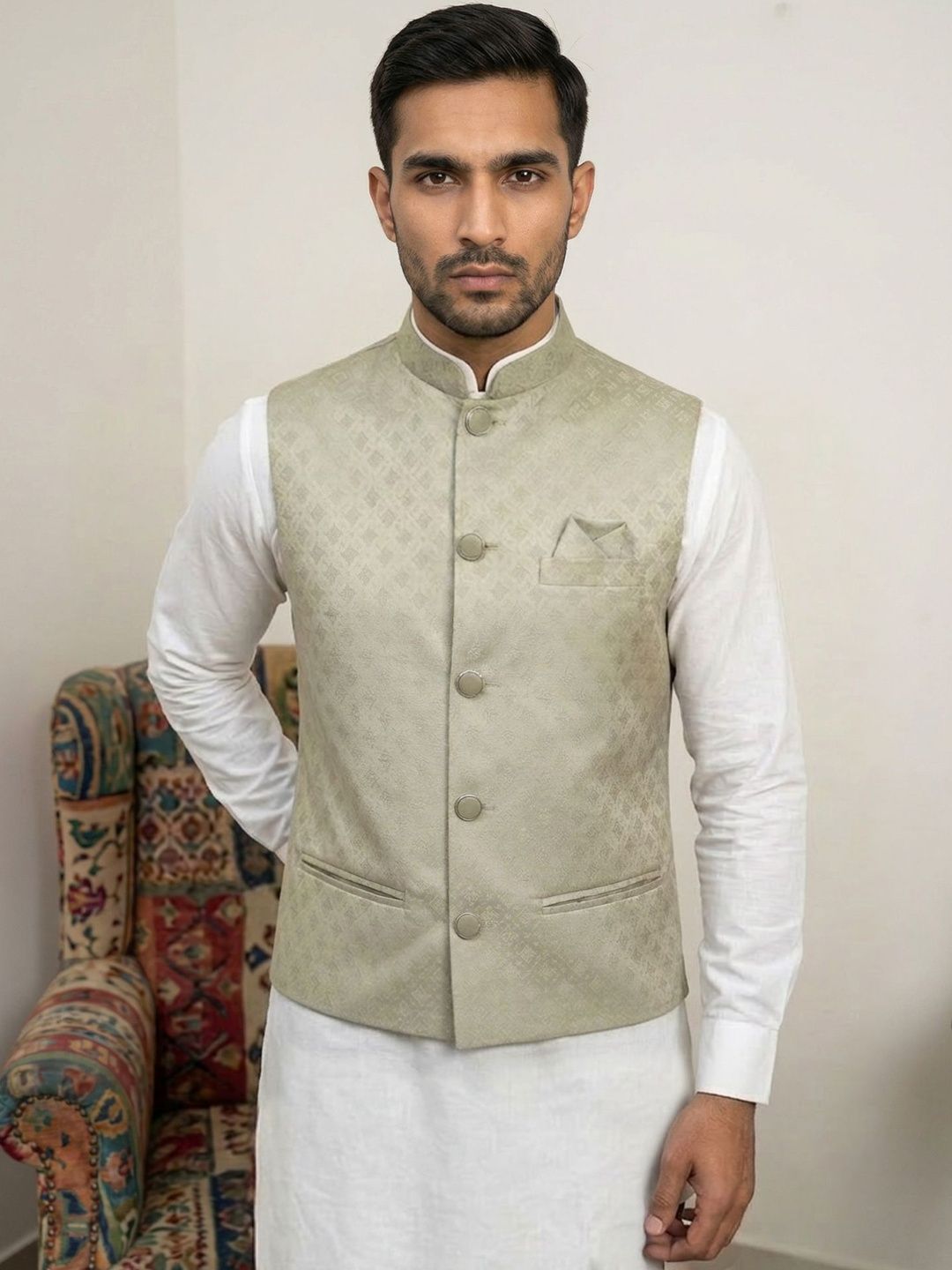 HERE&NOW Men Geometric Woven Design Nehru Jackets