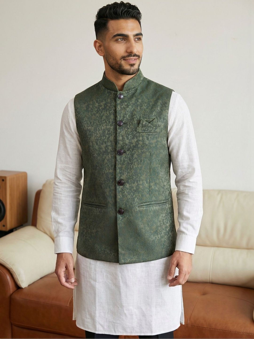 HERE&NOW Men Self Designed Woven Design Nehru Jackets
