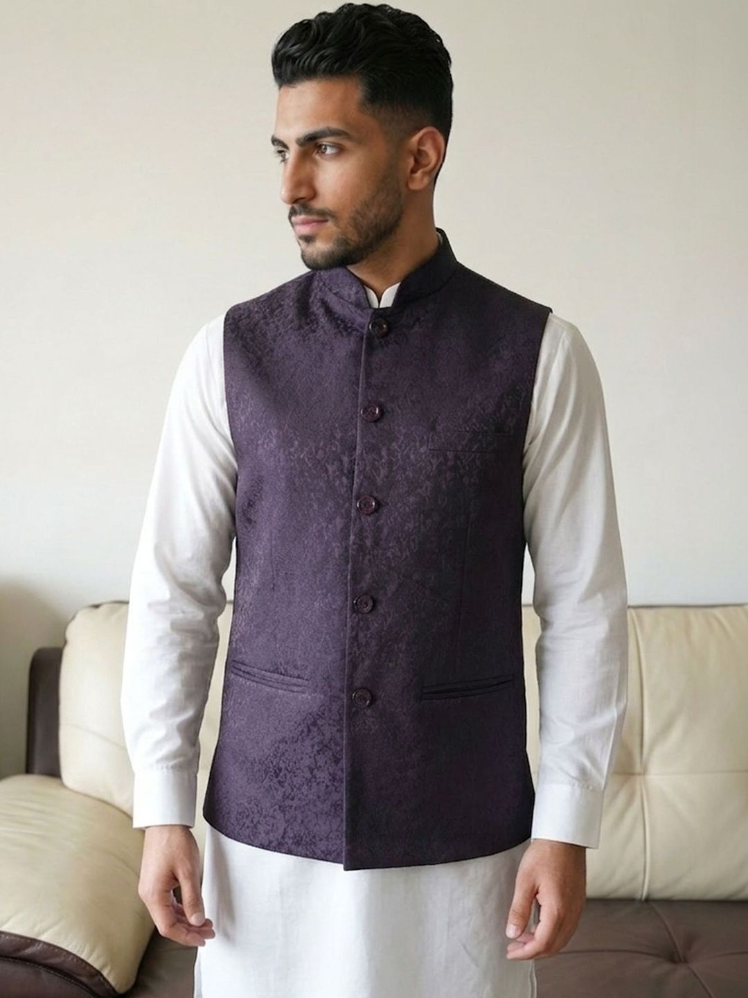 HERE&NOW Self-Design Woven Nehru Jackets