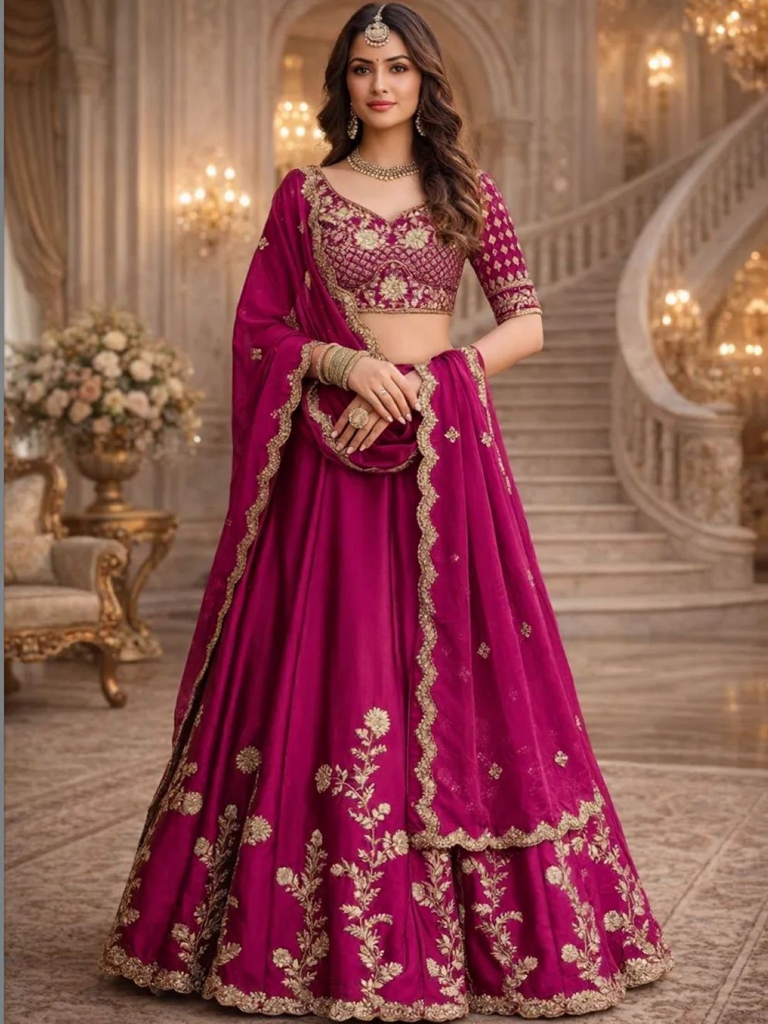 BAESD Embroidered Thread Work Unstitched Lehenga & Blouse With Dupatta