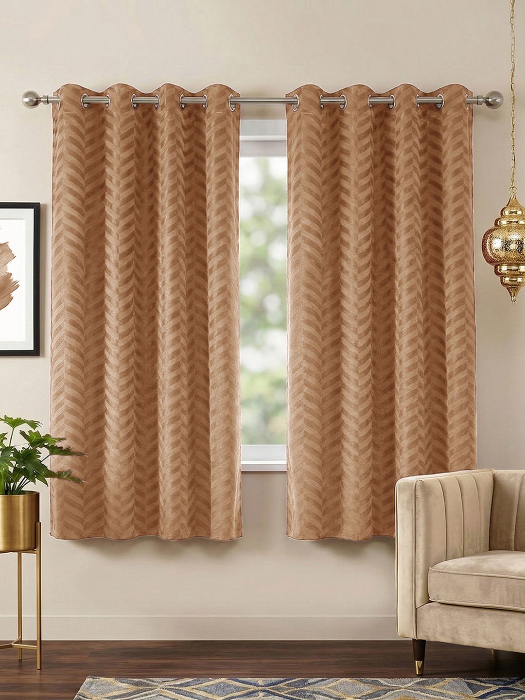 Story@home Beige Set of 2 Geometric Room Darkening Window Curtain