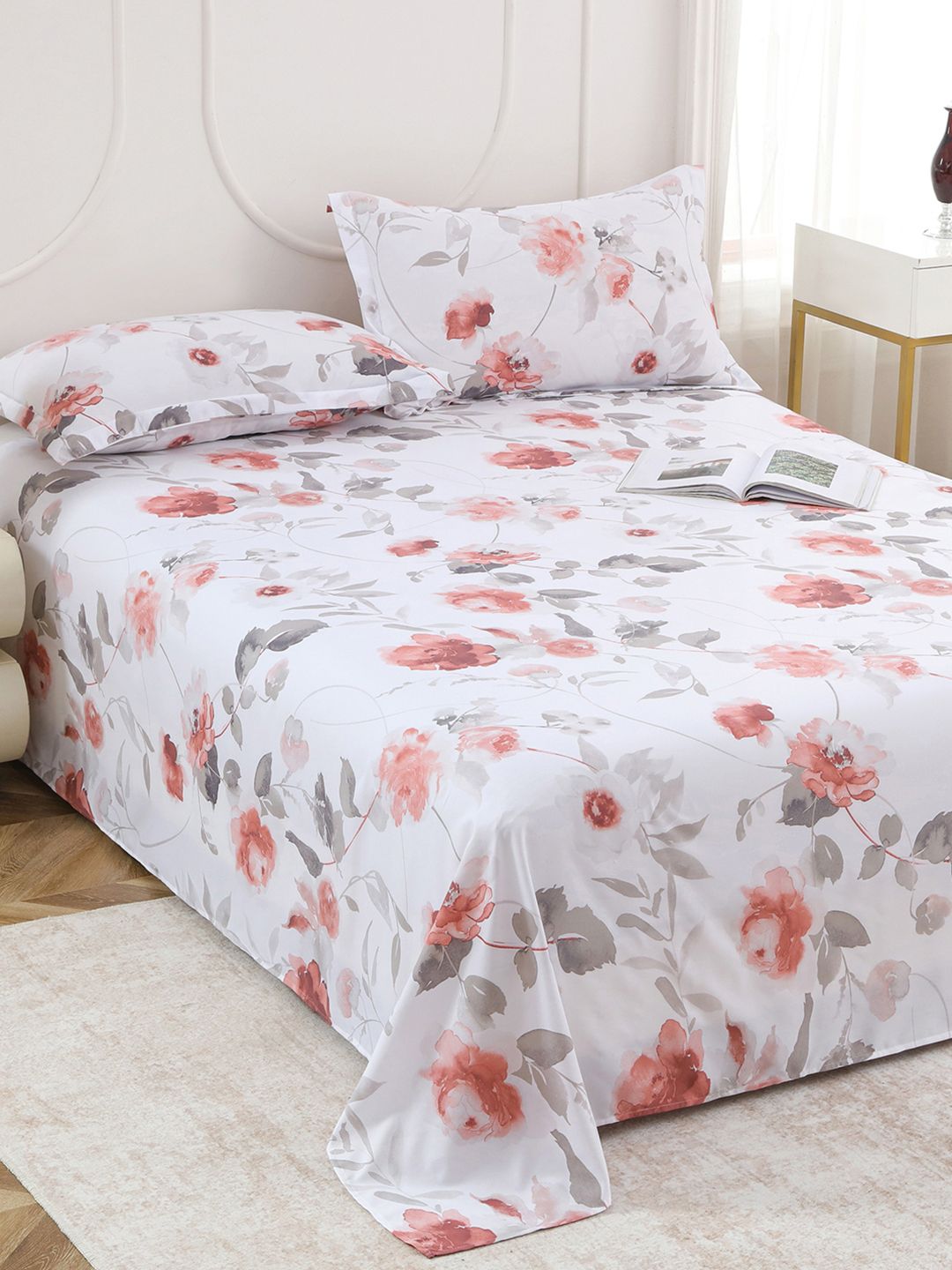 Story@home Story@home White & Red Floral 160 TC Bedsheet with 2 Pillow Covers