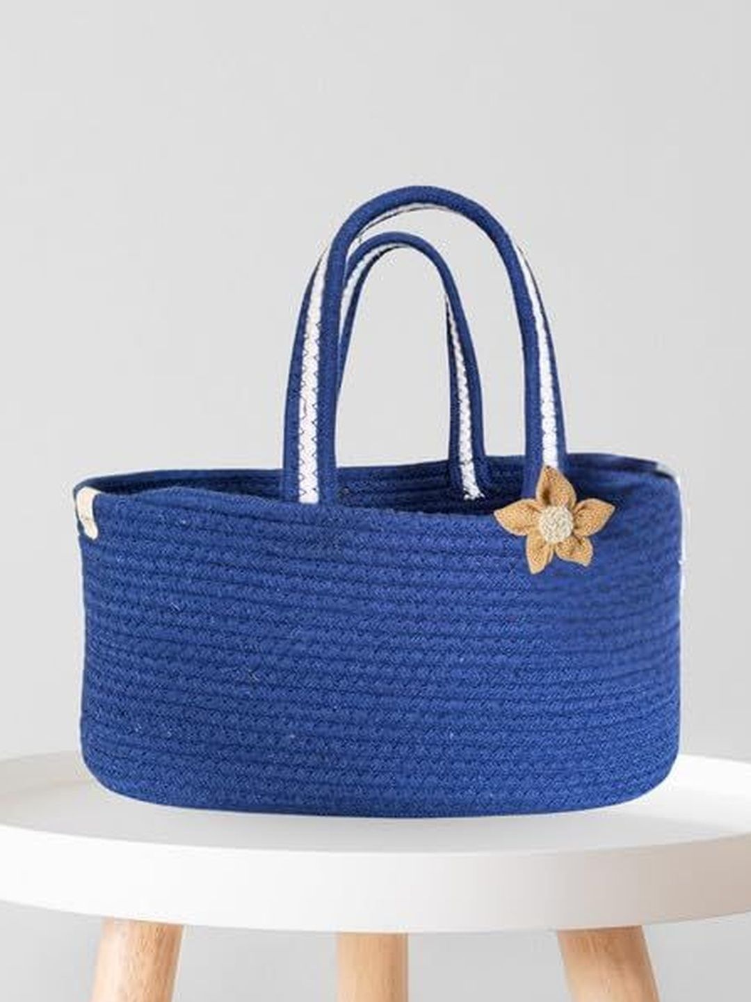 JASMEY HOMES 2Pcs Blue & Beige Textured Cotton Hamper Basket Storage Sets For Family
