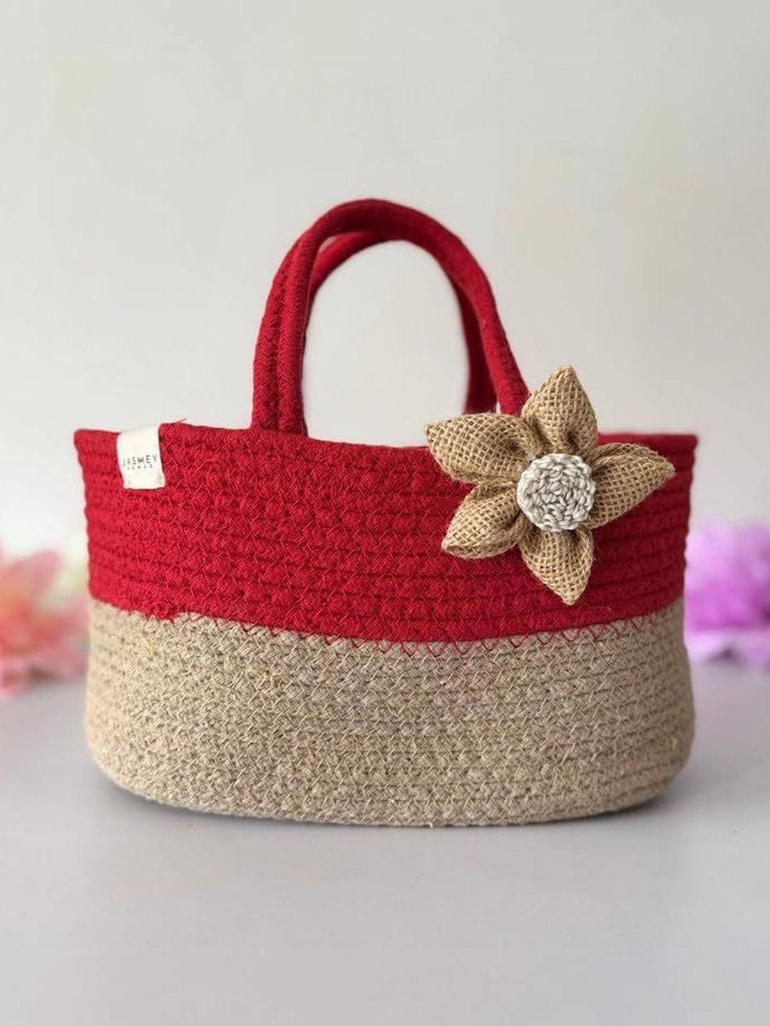 JASMEY HOMES 2Pcs Red & Beige Textured Cotton Hamper Basket Storage Sets For Family