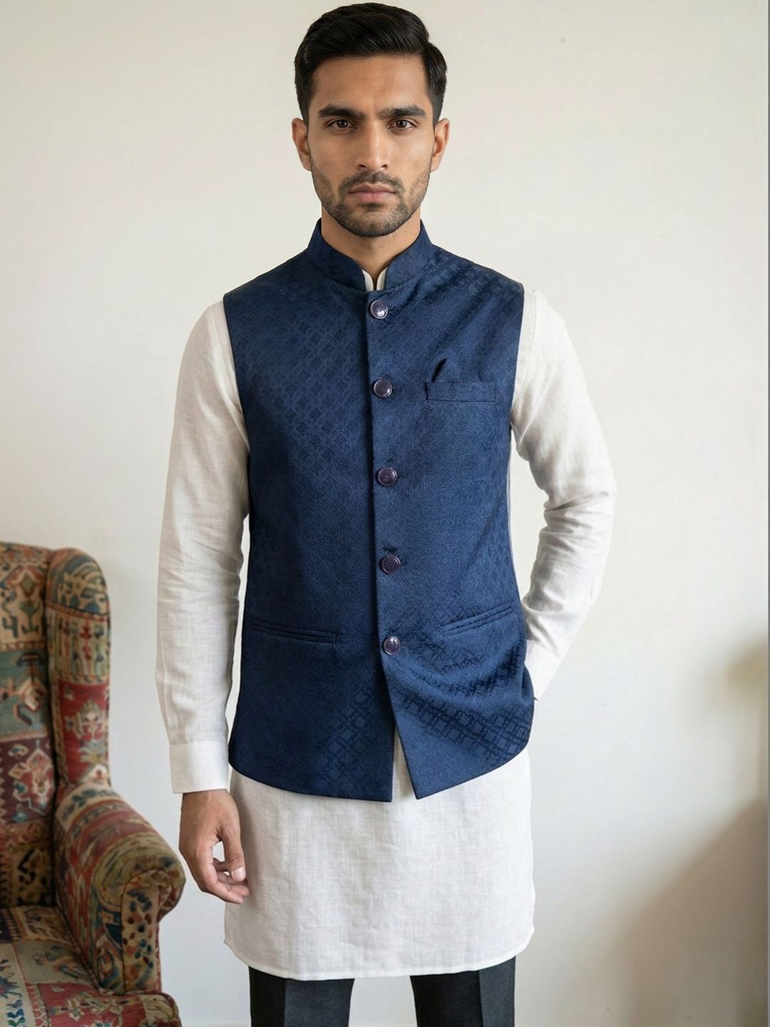 HERE&NOW Men Geometric Woven Design Nehru Jackets