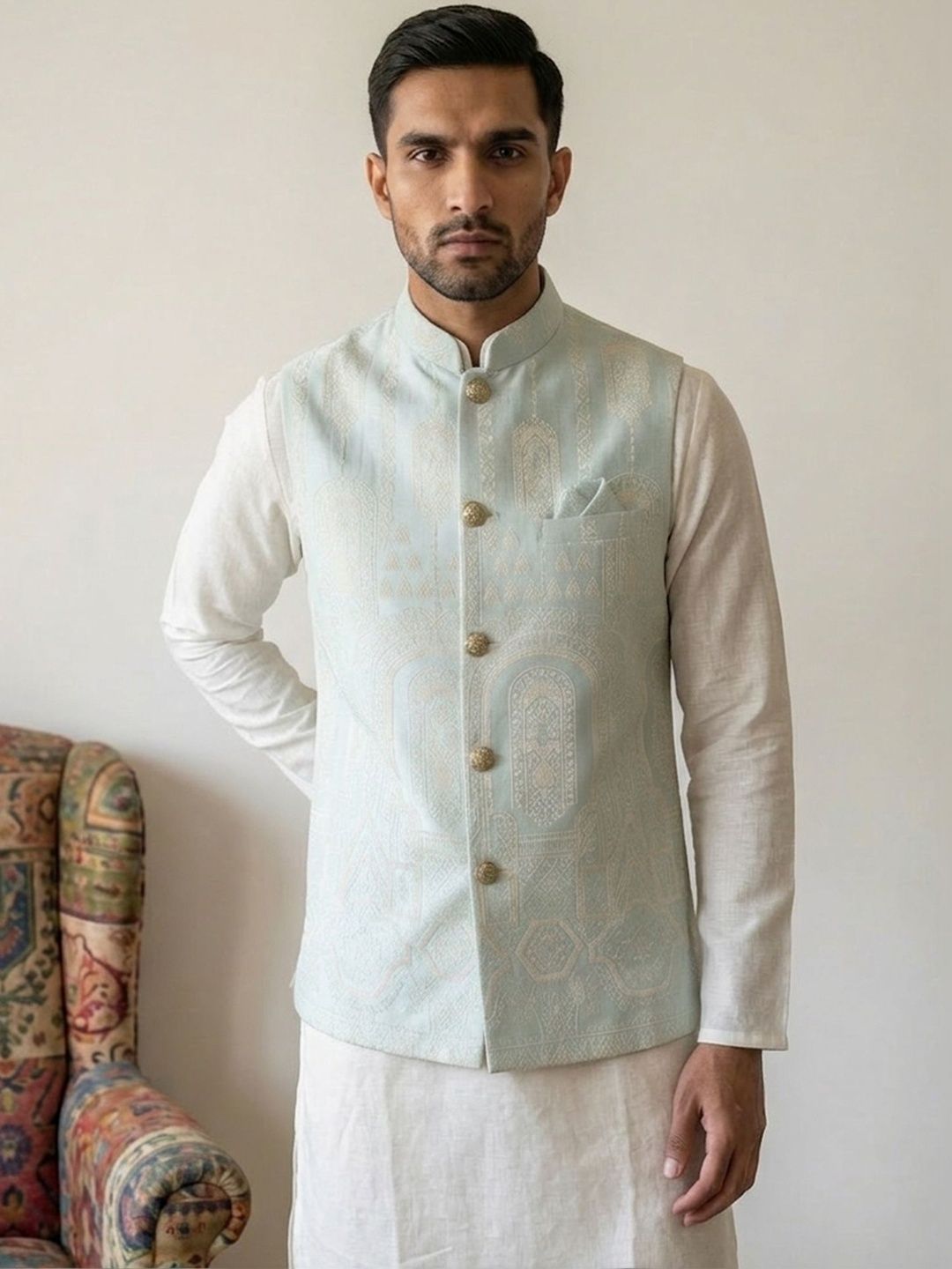 HERE&NOW Embroidered Woven Nehru Jackets