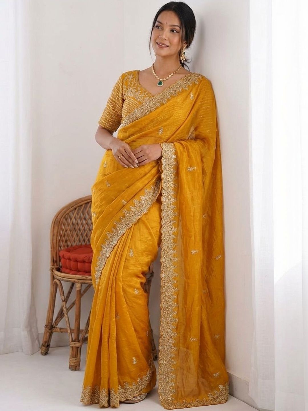 Mitera Ethnic Motifs Embroidered Pure Chiffon Saree