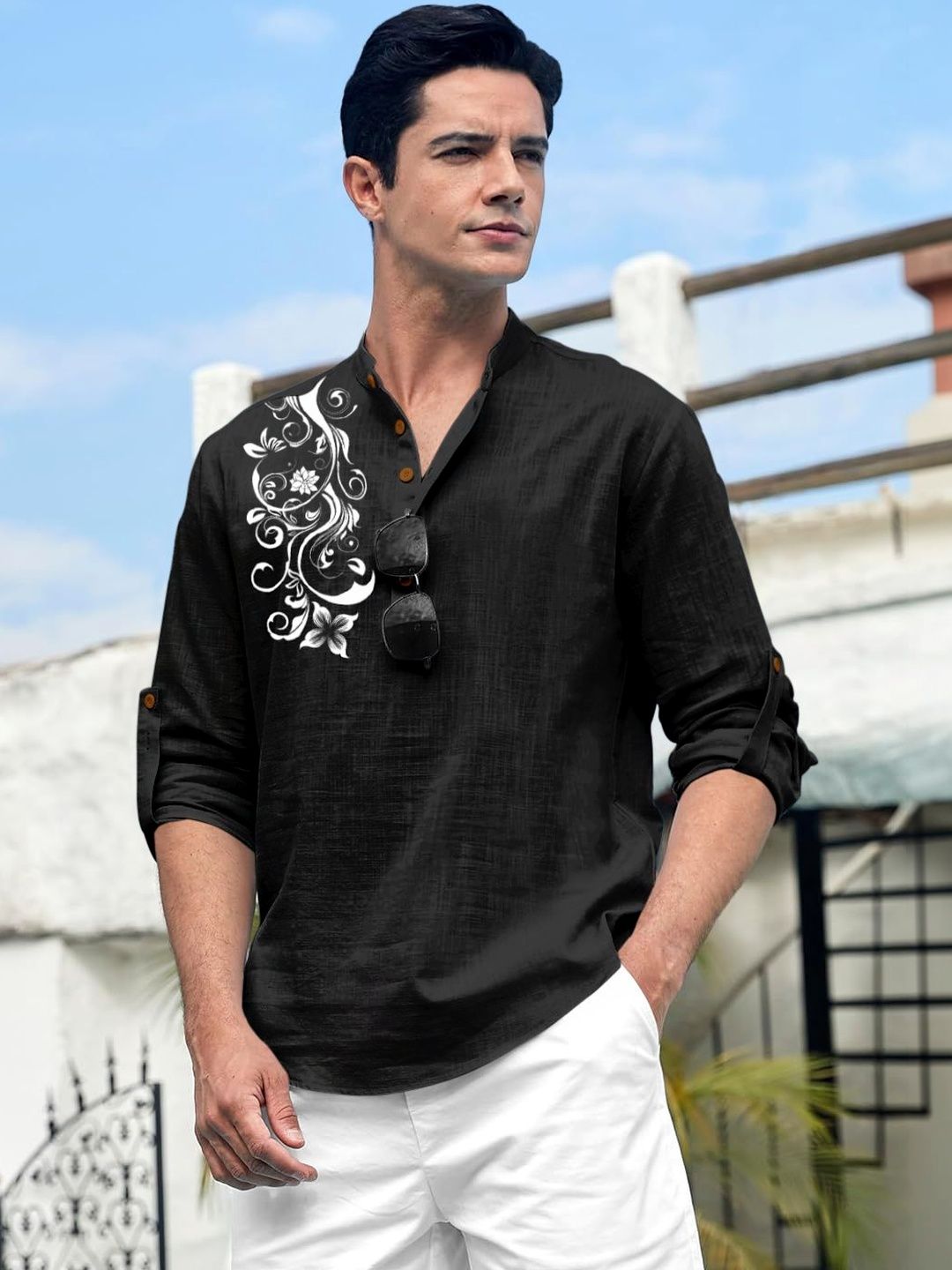 Zombom Men Printed Mandarin Collar Roll-Up Sleeves Straight Kurta