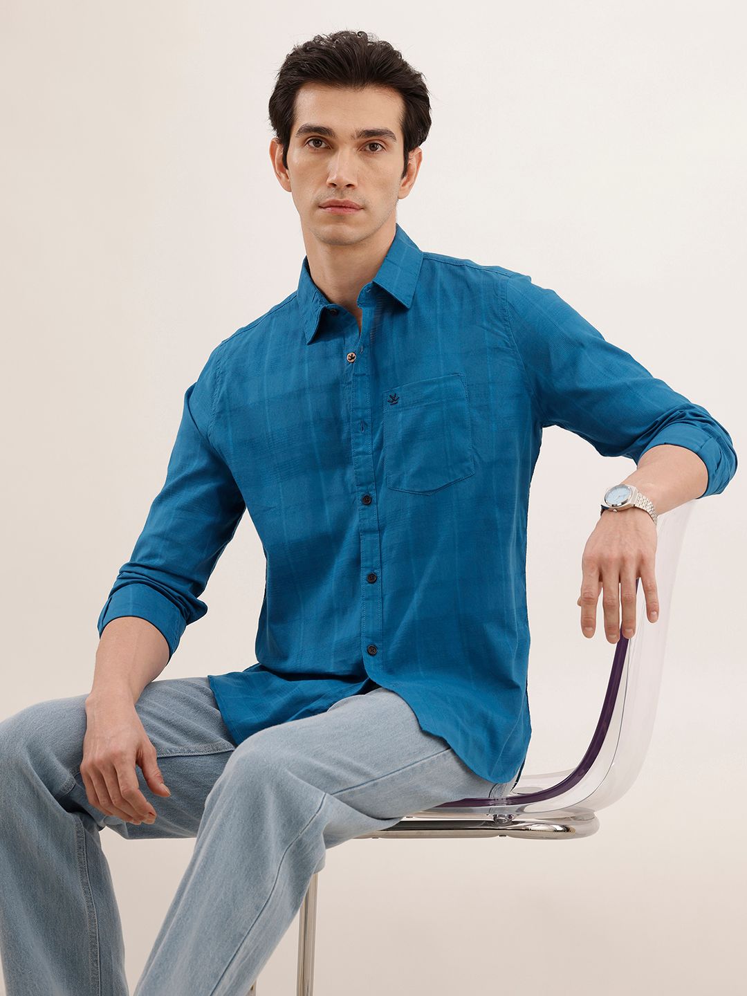 WROGN Men Teal Blue Slim Fit Textured Casual Shirt