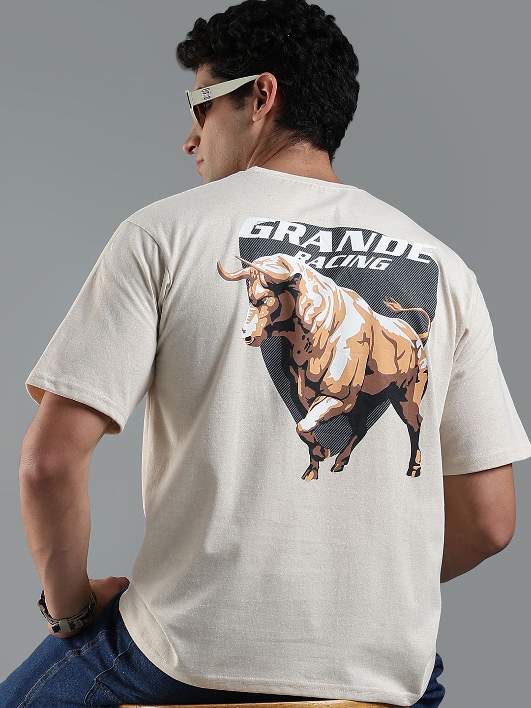 LEWEL Men Graphic Printed Round Neck Cotton Oversized T-shirt