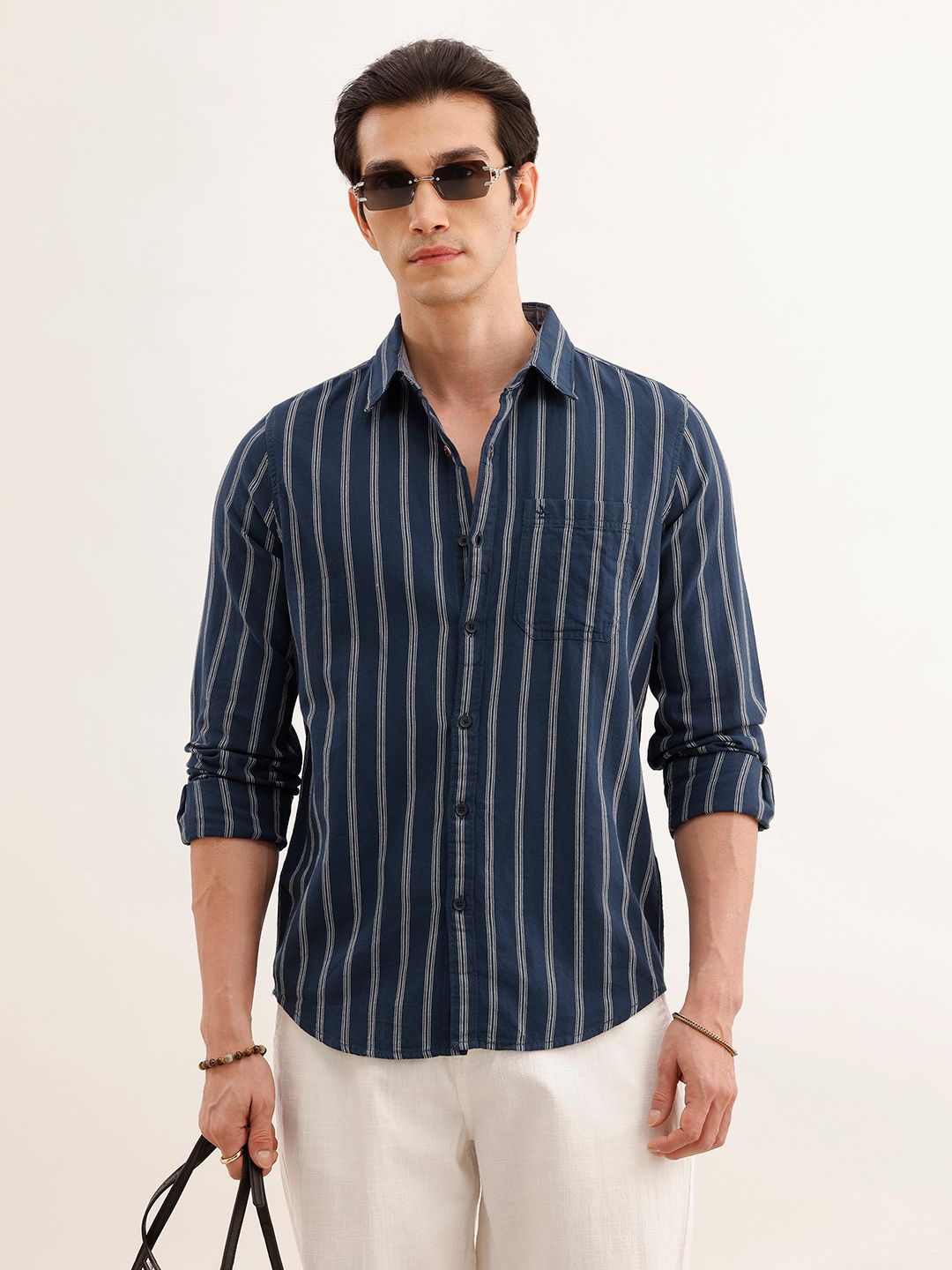 WROGN Men Navy Blue & White Pure Cotton Slim Fit Striped Casual Shirt