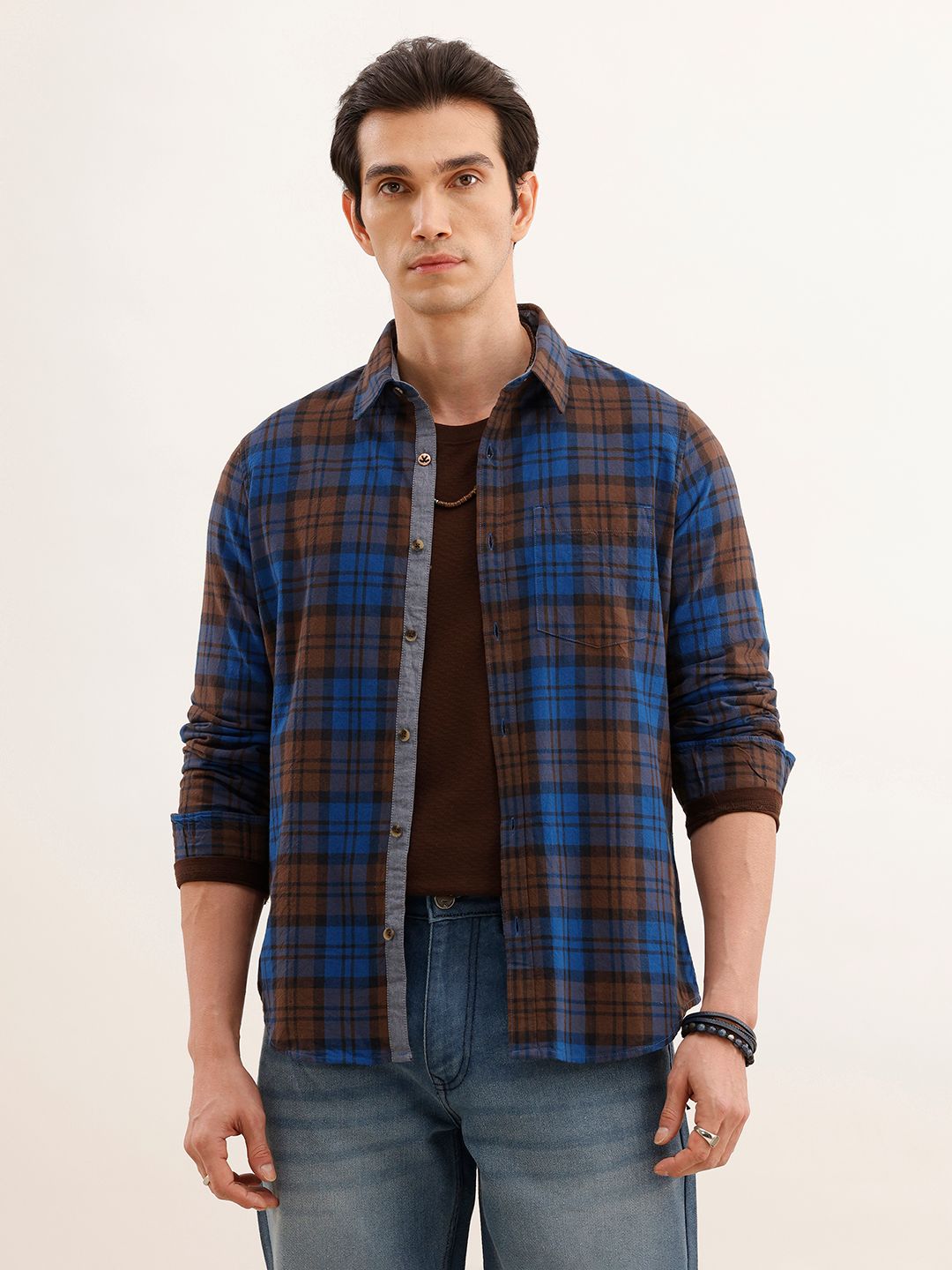 WROGN Men Blue & Brown Slim Fit Checked Casual Shirt