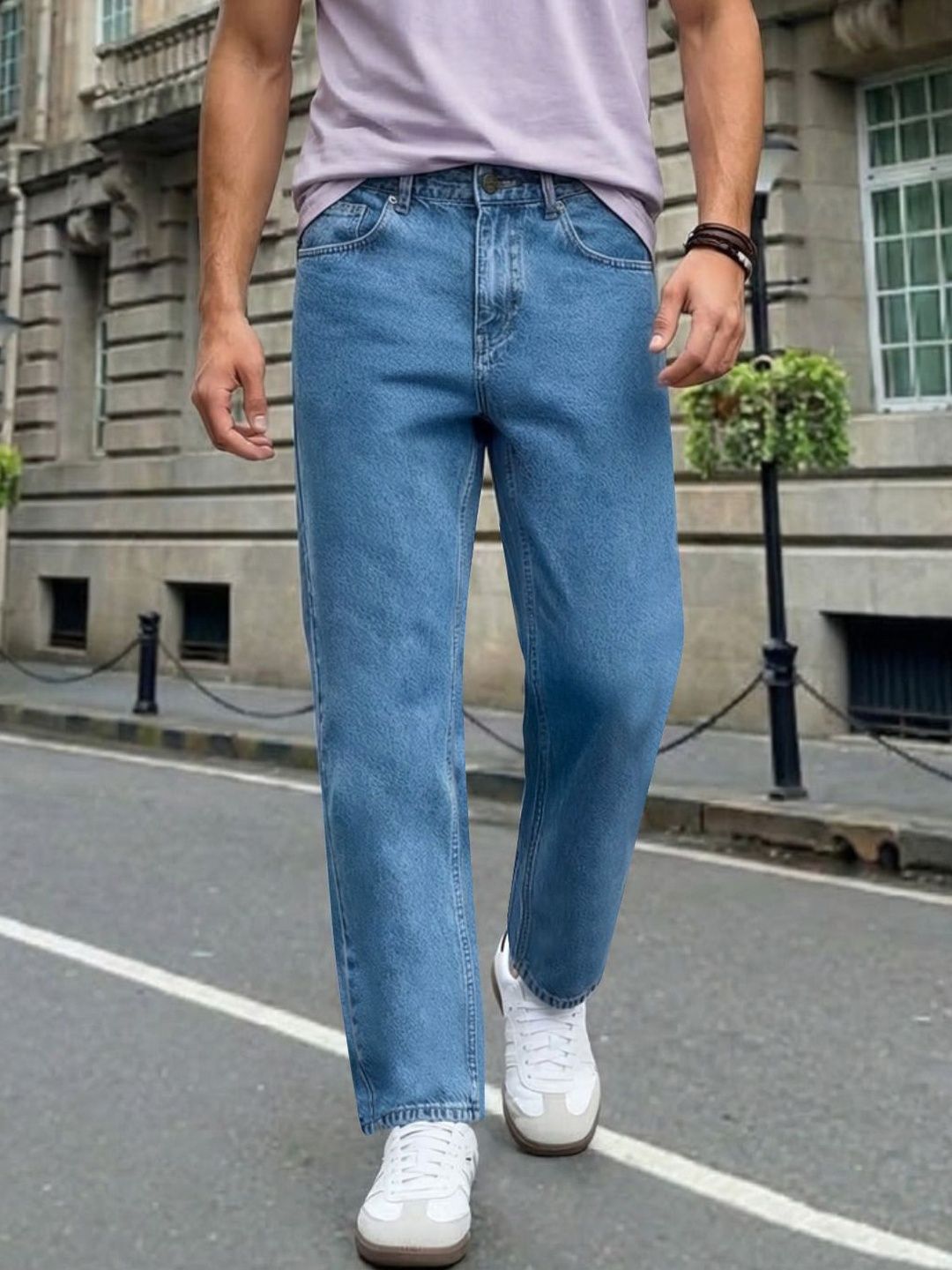 Urbano Fashion Men Washed Blue Relaxed Fit Mid-Rise Heavy Fade Denim Stretchable Jeans