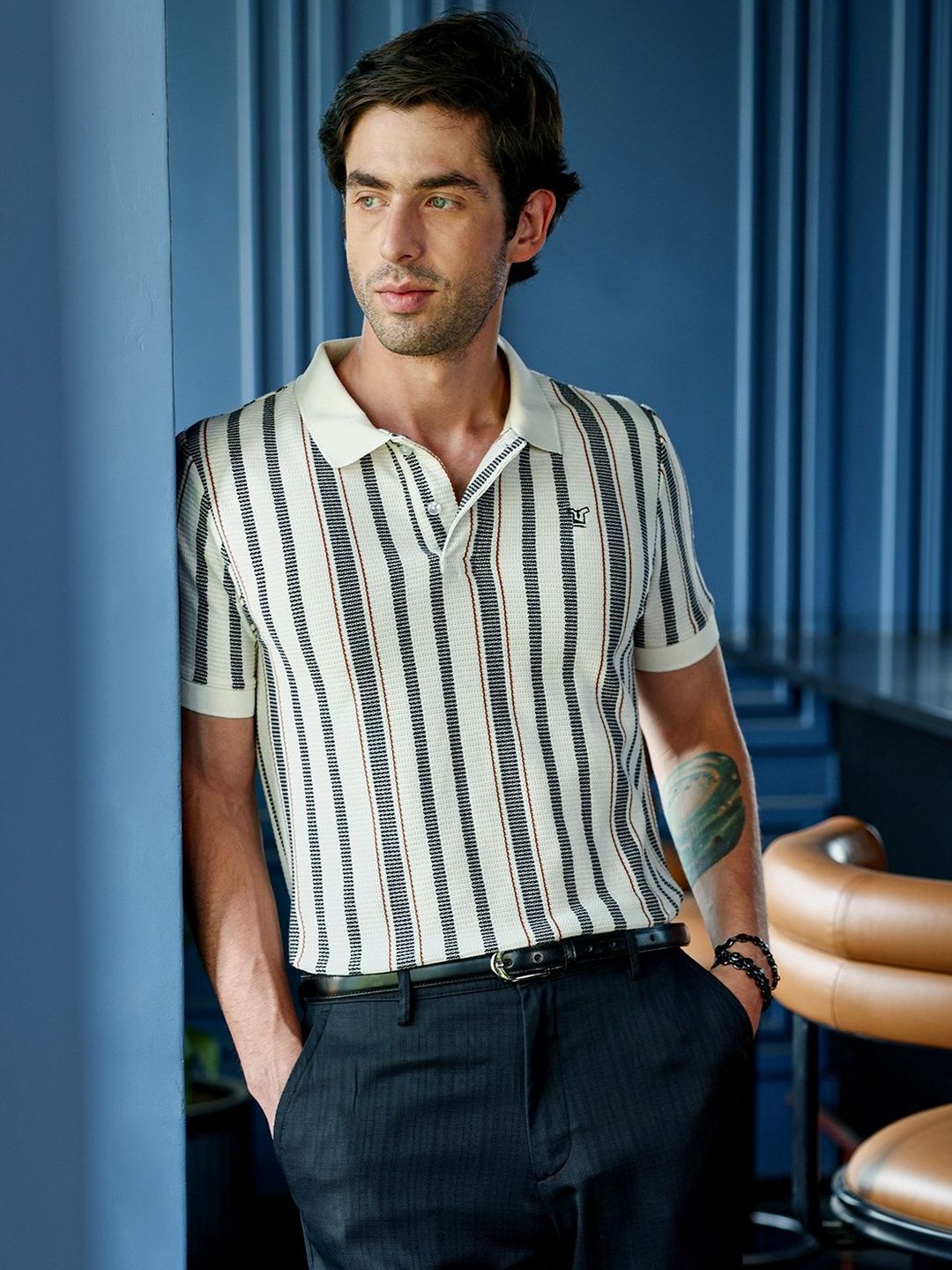 CAHOOT Men Striped Polo Collar T-shirt
