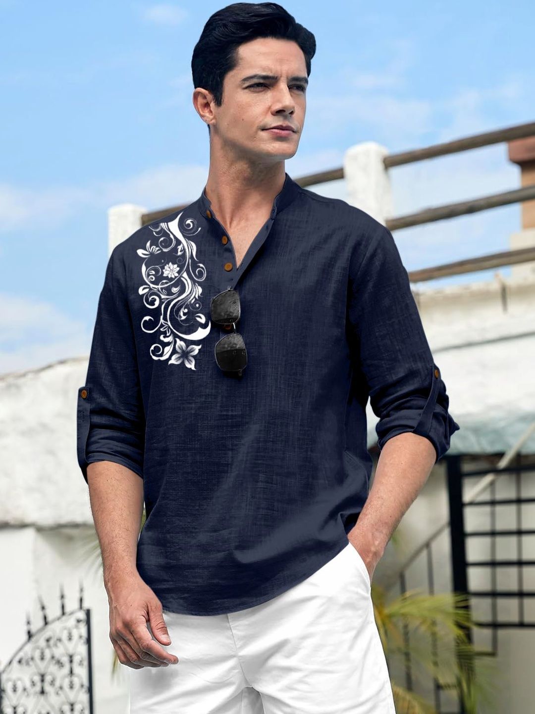 Zombom Men Printed Mandarin Collar Roll-Up Sleeves Straight Kurta