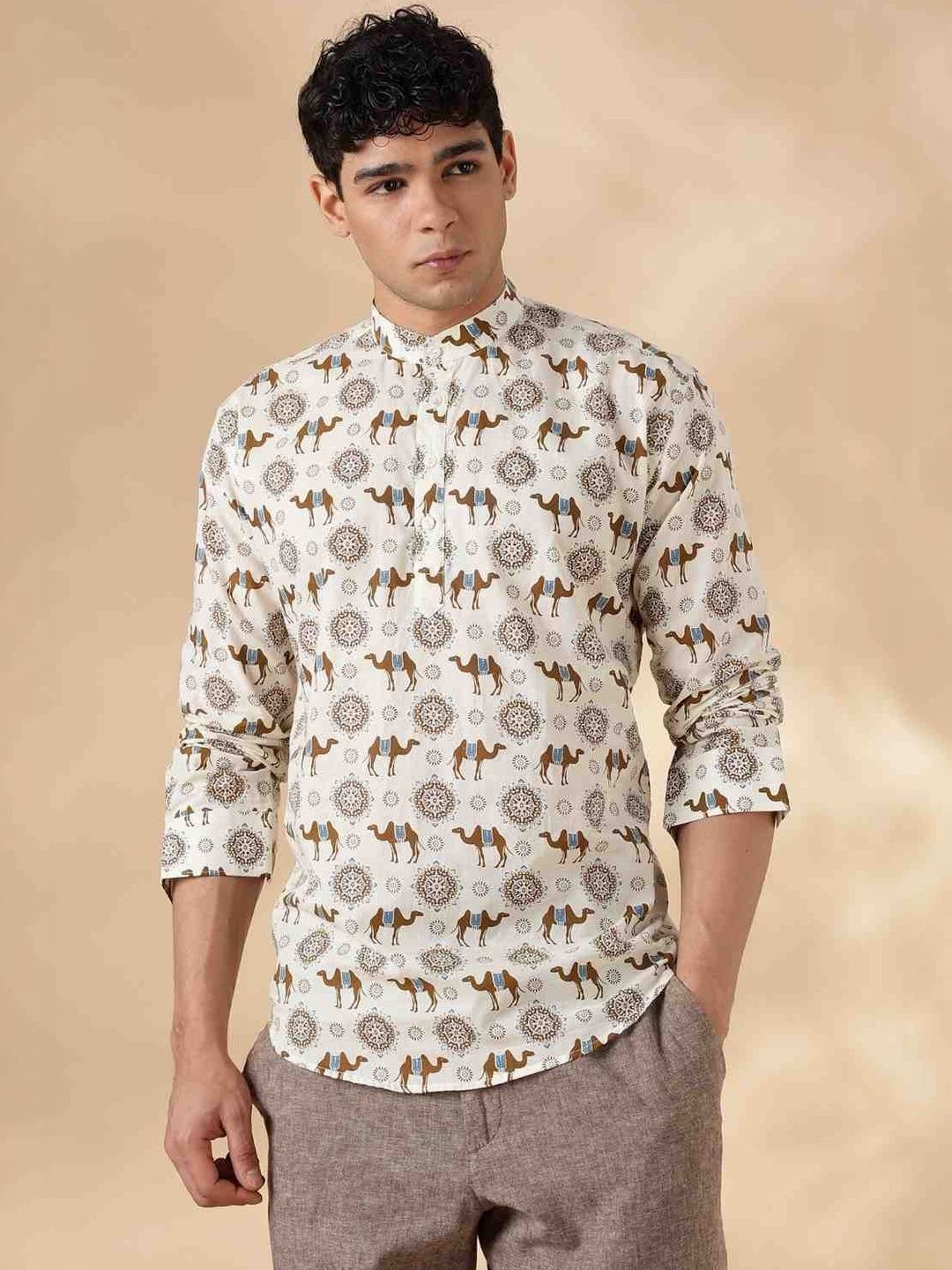 LOUIS MONARCH Ethnic Motifs Printed Band Collar Roll-Up Sleeves Pure Cotton Short Kurta