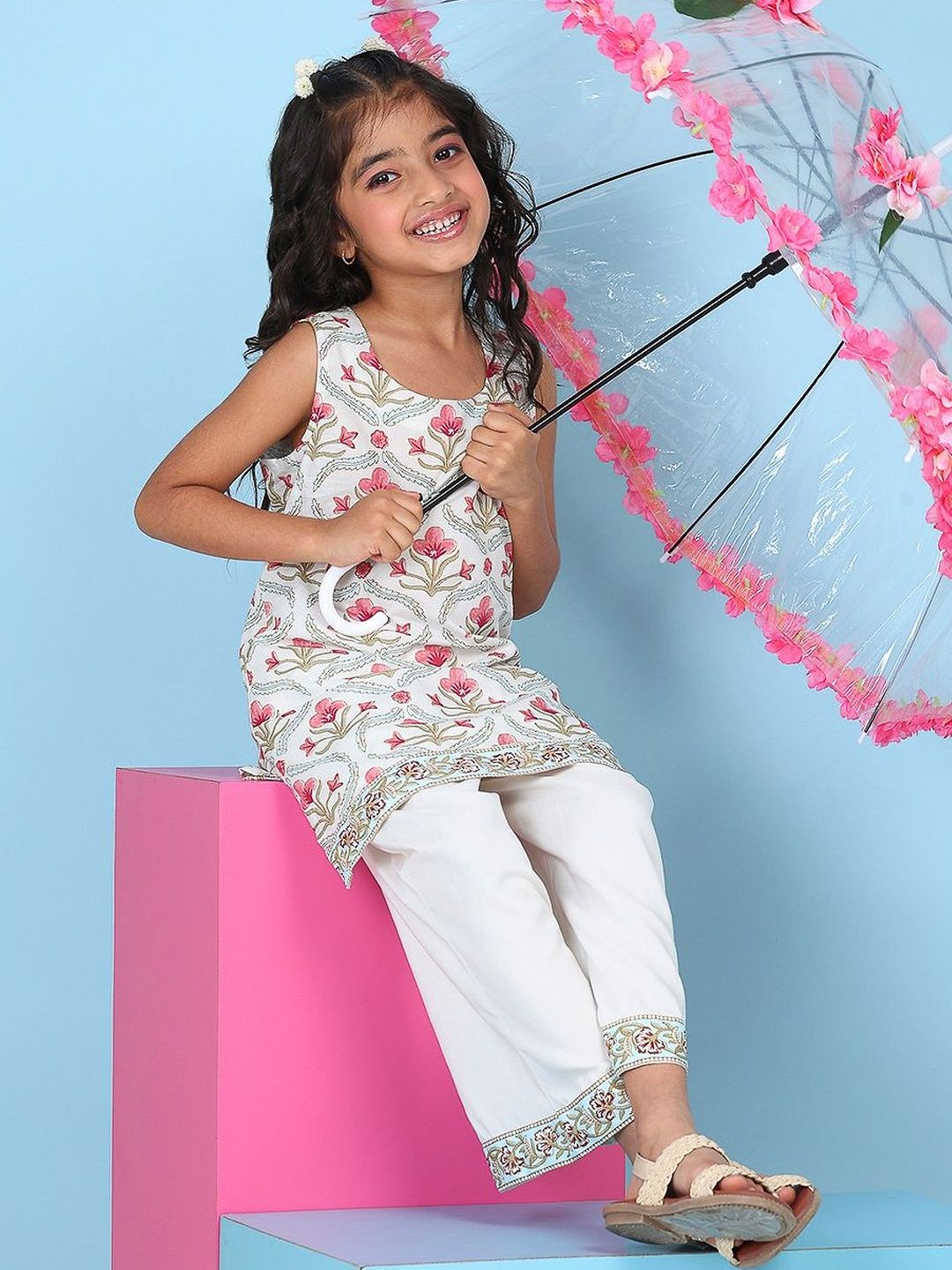 Biba Biba Girls Floral Printed Regular Pure Cotton Kurti with Palazzos