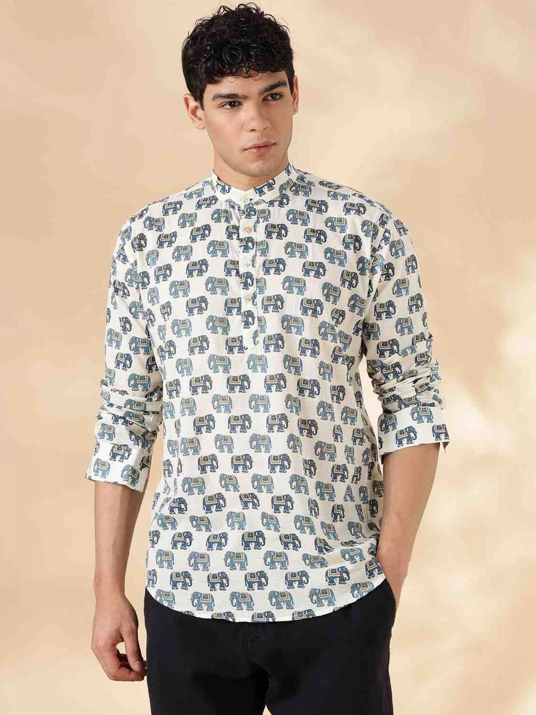 LOUIS MONARCH Ethnic Motifs Printed Band Collar Roll-Up Sleeves Pure Cotton Straight Kurta