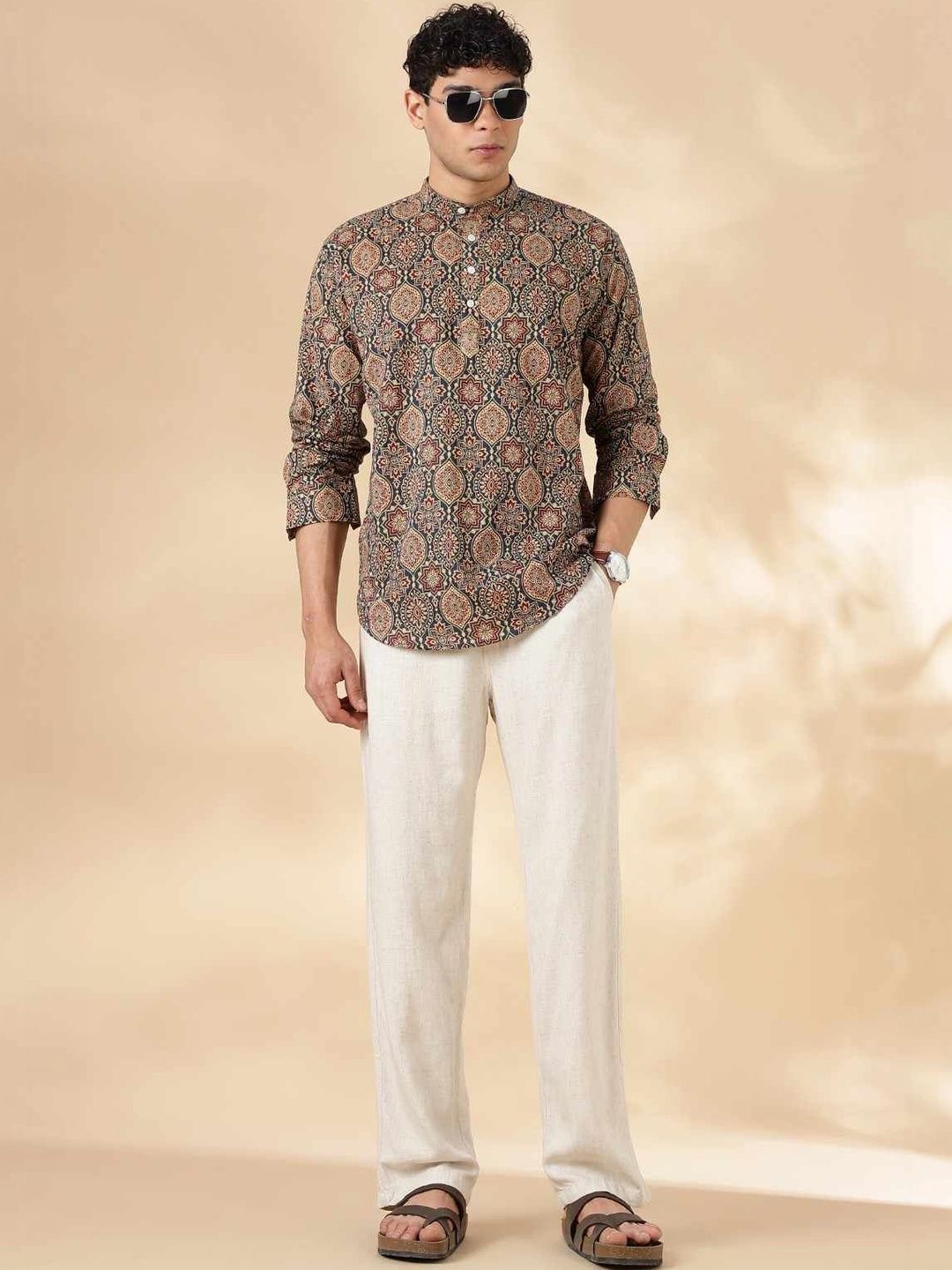 LOUIS MONARCH Floral Printed Band Collar Roll-Up Sleeves Pure Cotton Straight Short Kurta