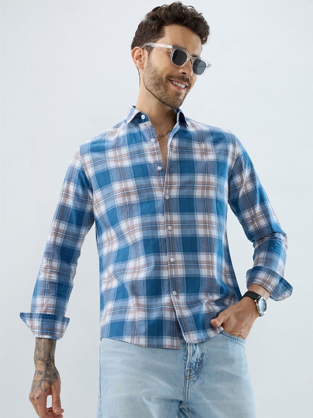 VASTRADO Premium Powder Blue Plaid Checks Denim Jacquard Shirt