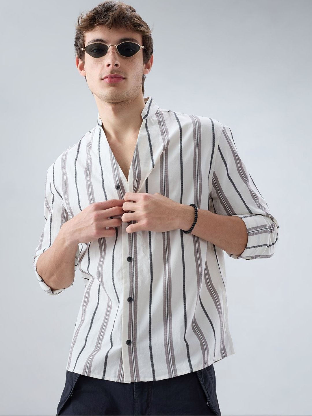 VASTRADO White Intricate Motif Contrast Striped Stand Collar Oversized Shirt