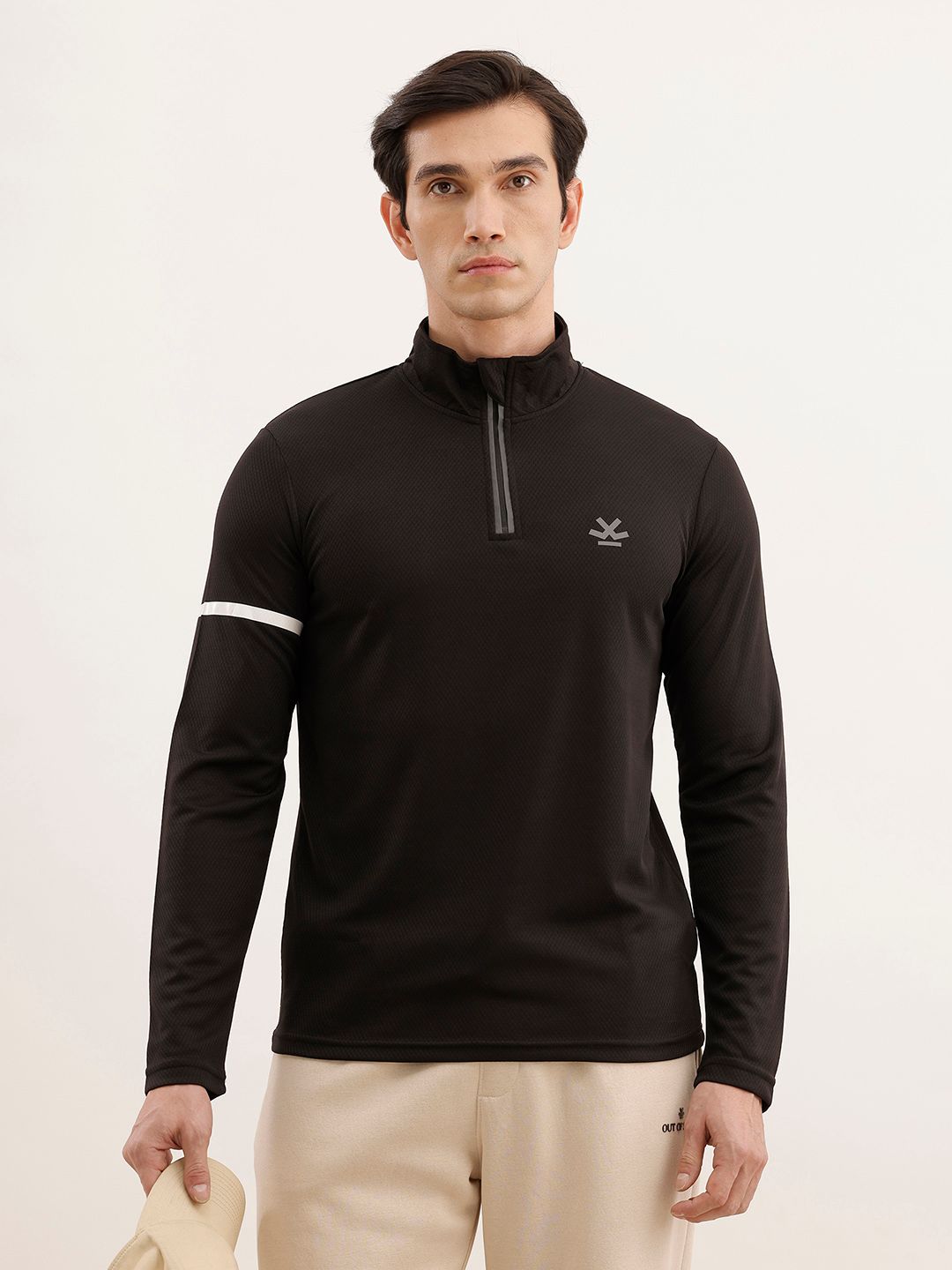 WROGN ACTIVE Men Black Self Design Mock Collar T-shirt