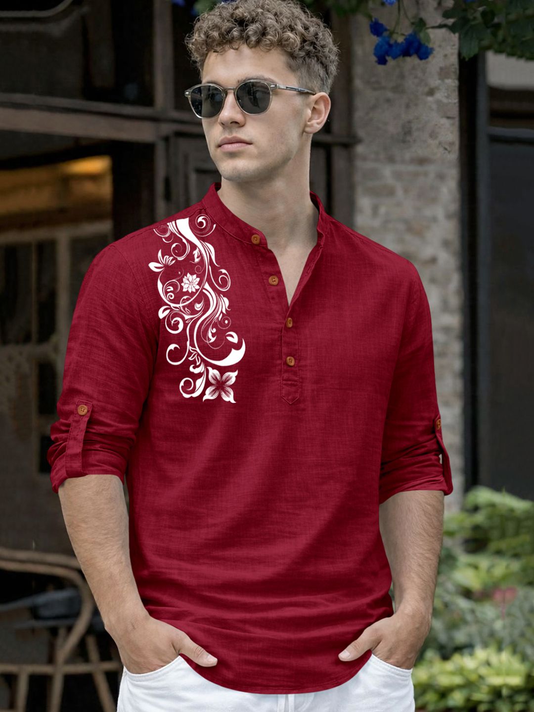 Fifth U Men Cotton Mandarin Collar Printed Kurta