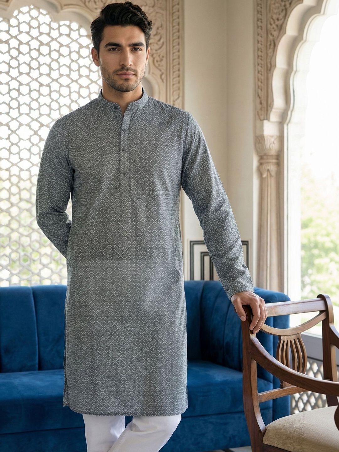 House of Pataudi Printed Mandarin Collar Knee Length Straight Cotton Kurtas