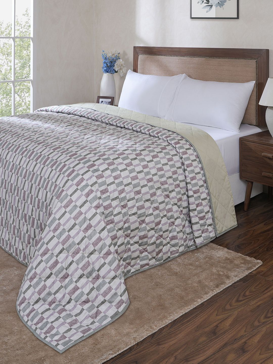MASPAR MASPAR Green & Purple Checked Cotton Lightweight AC Room Single Bed Quilt