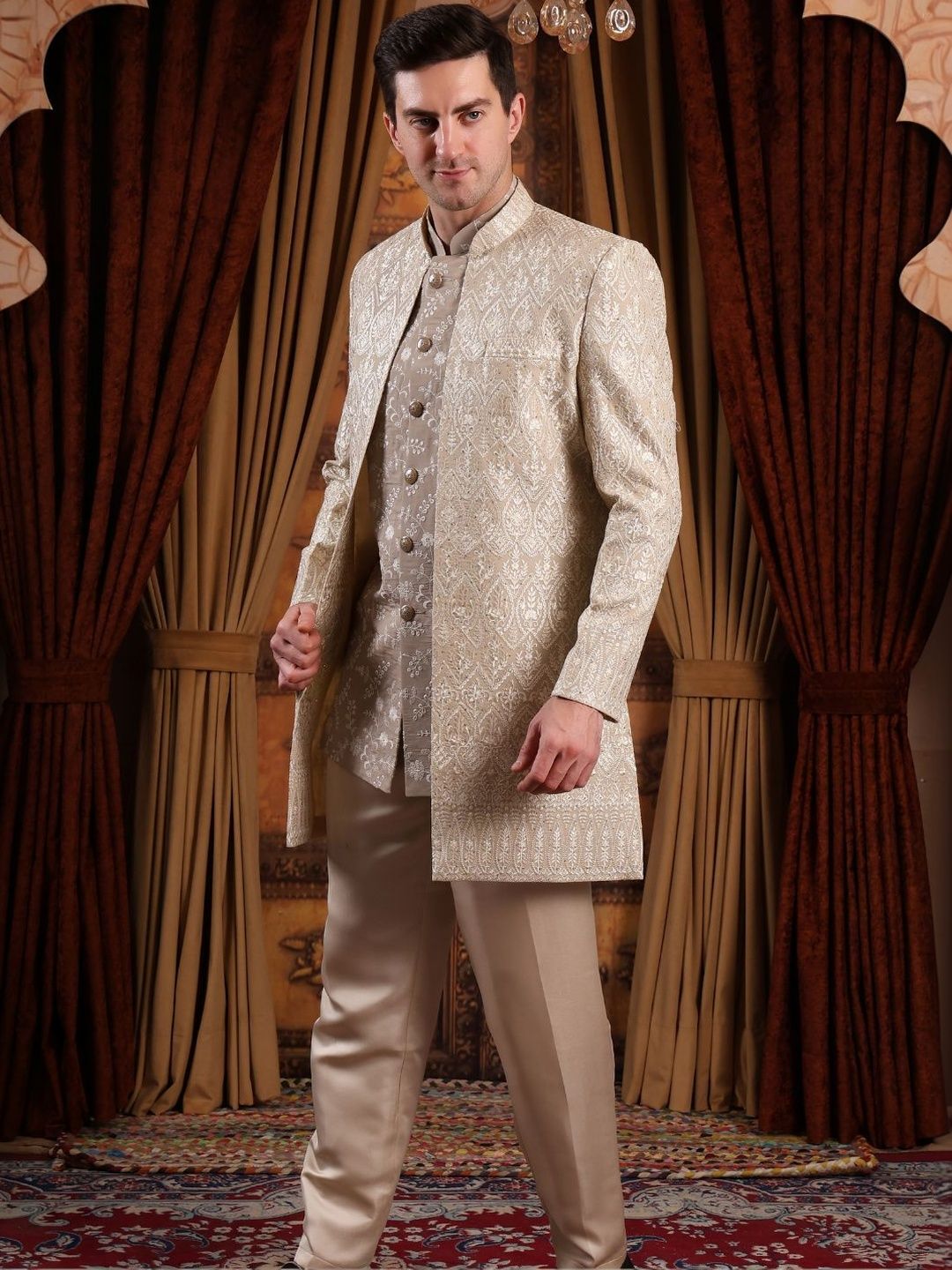 Dulha Ghar Embroidered Mandarin Collar Sherwani