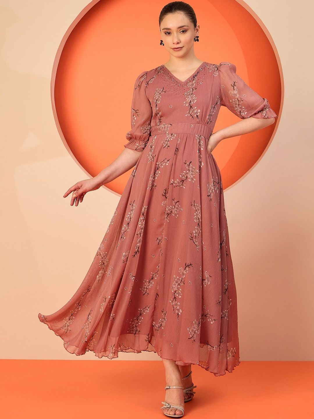 Chiffon A-Line Maxi Dress Antheaa Embellished Floral Chiffon A-Line Maxi Dress