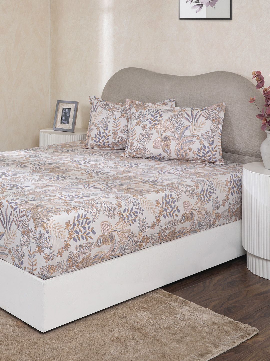 MASPAR MASPAR White & Blue Printed 144 TC Single Bedsheet With Pillow Cover-1.52 m x 2.24 m