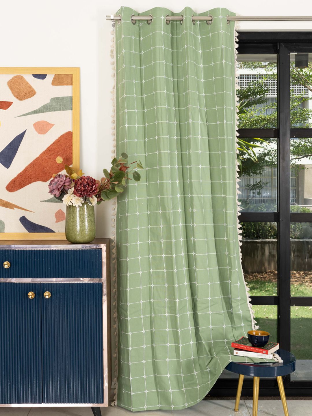 URBAN SPACE Green Embroidered Window Curtain