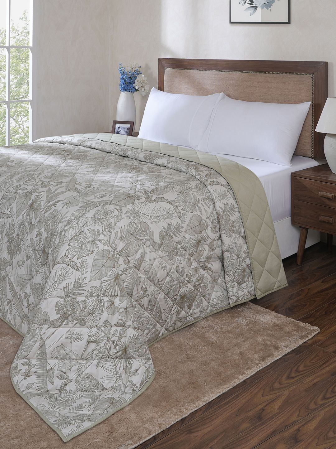 MASPAR MASPAR Green & White Printed Lightweight Cotton AC Room Single Bed Quilt