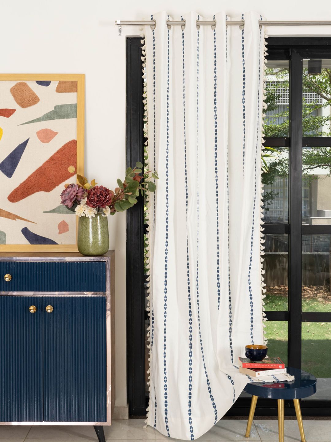 URBAN SPACE Blue & White Embroidered Door Curtain